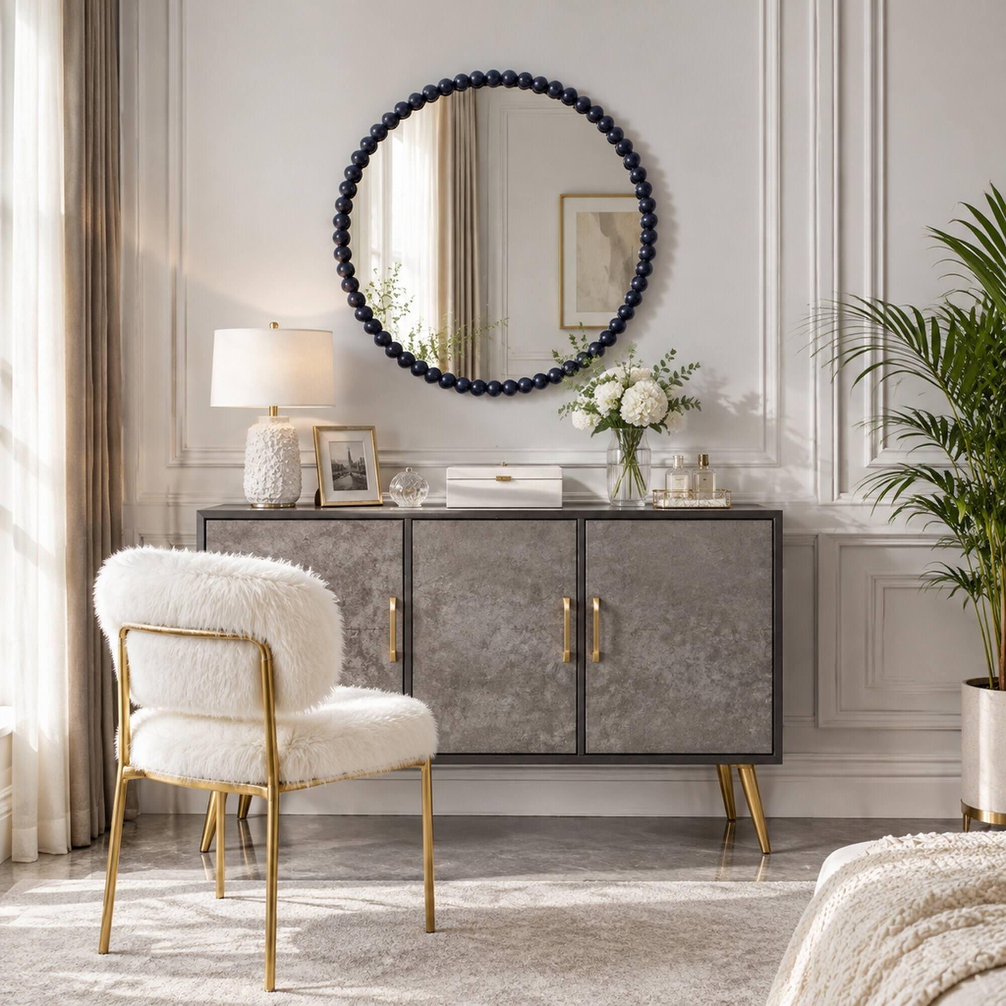 Alt View 2. RYHNUYNE - 32 in Round Wall Mirror, Iron Beaded Frame, Black Finish, 29 in Glass, Living Room and Bedroom Decor - Black.