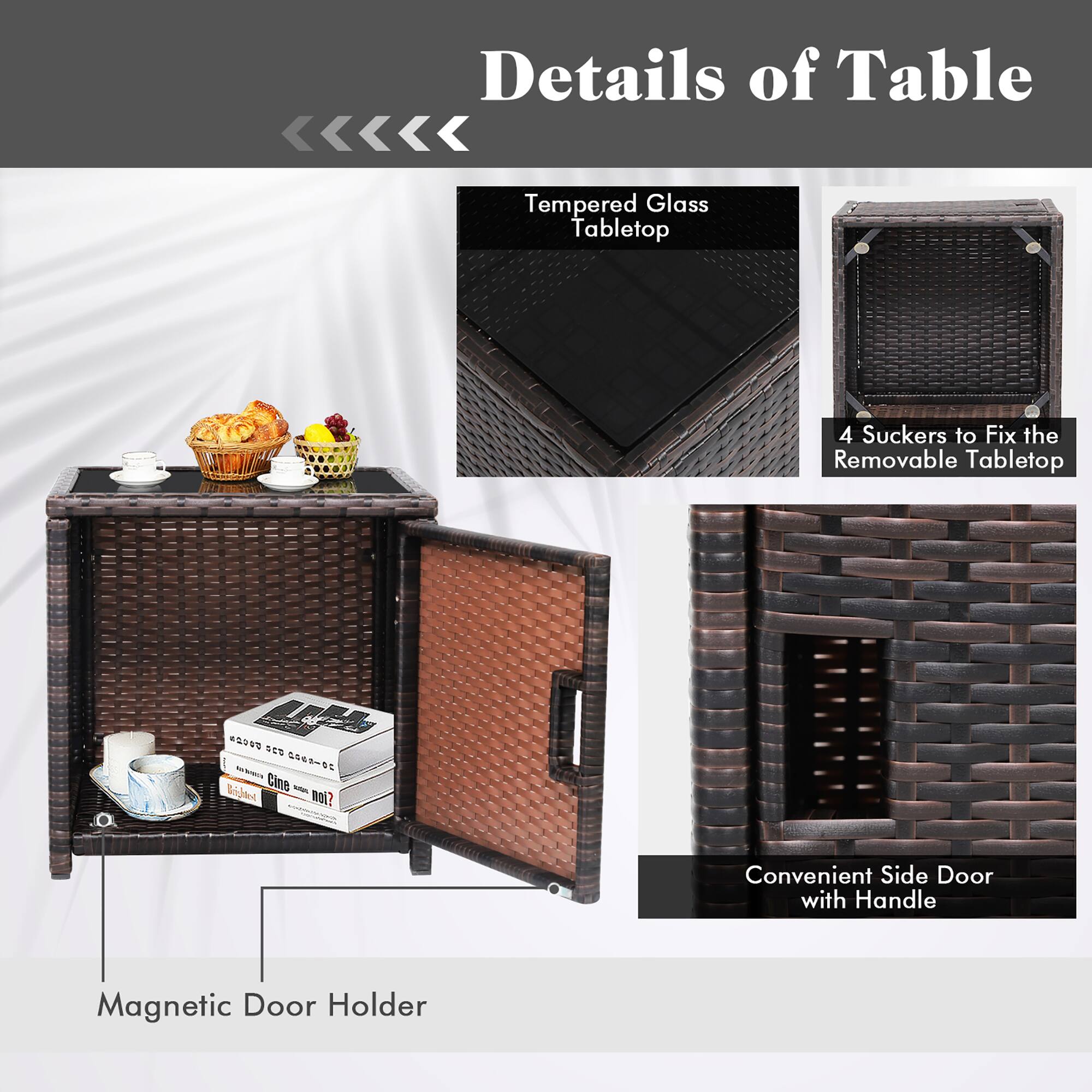 Details of Table: Tempered Glass Tabletop, 4 Suckers to Fix the Removable Tabletop, Convenient Side Door with Handle, Magnetic Door Holder.