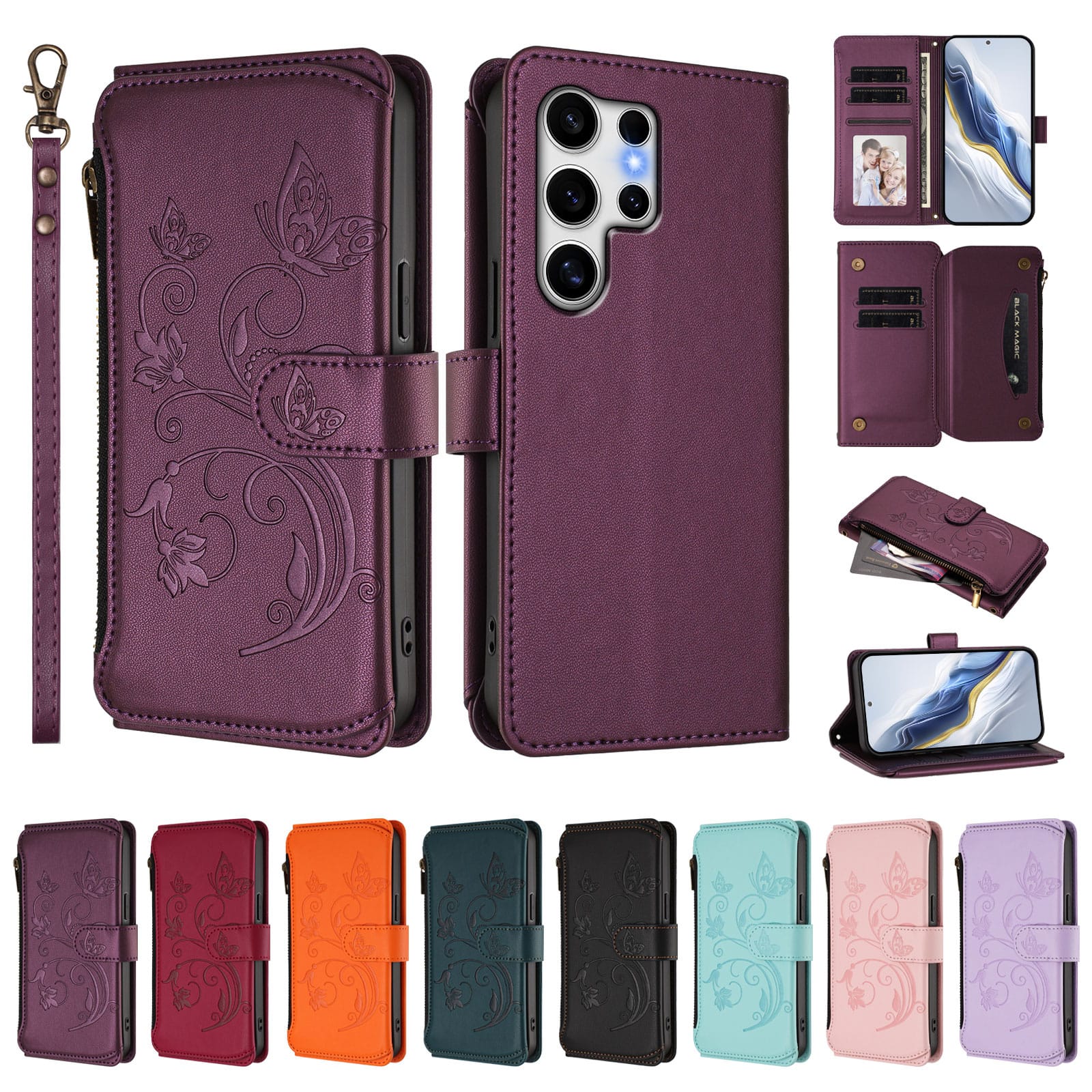 Dteck - Crossbody Wallet Case for Samsung Galaxy S25 Ultra,Embossed Butterfly Flower Folio Cover with Zipper Pocket+Strap - Darkpurple price history on PriceWatchPro