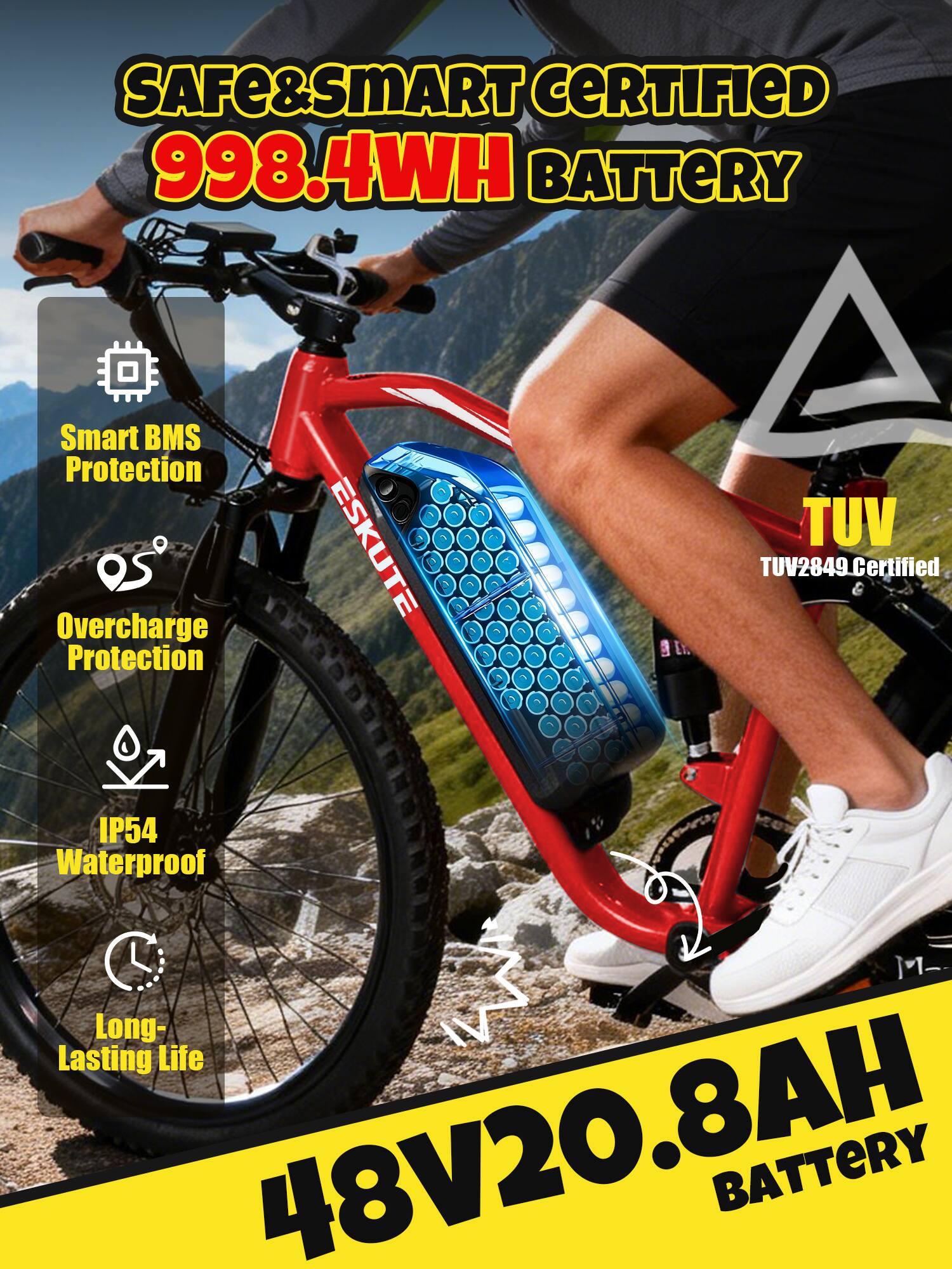 SAFE&SMART CERTIFIED 998.4WH BATTERY

Smart BMS Protection
Overcharge Protection

ESKUTE

TUV TUV2849 Certified

IP54 Waterproof
Long-Lasting Life

48V20.8AH BATTERY