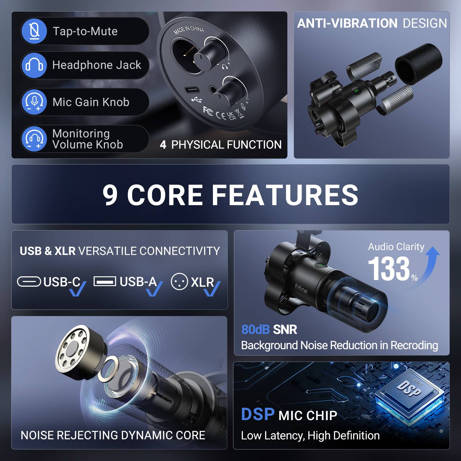 Tap-to-Mute  
MADE IN CHINA  
ANTI-VIBRATION DESIGN  
Headphone Jack  
Mic Gain Knob  
Monitoring Volume Knob  

4 PHYSICAL FUNCTION  

9 CORE FEATURES  

USB & XLR VERSATILE CONNECTIVITY  
USB-C  
USB-A  
XLR  

Audio Clarity 133%  
80dB SNR  
Background Noise Reduction in Recording  

NOISE REJECTING DYNAMIC CORE  

DSP MIC CHIP  
Low Latency, High Definition