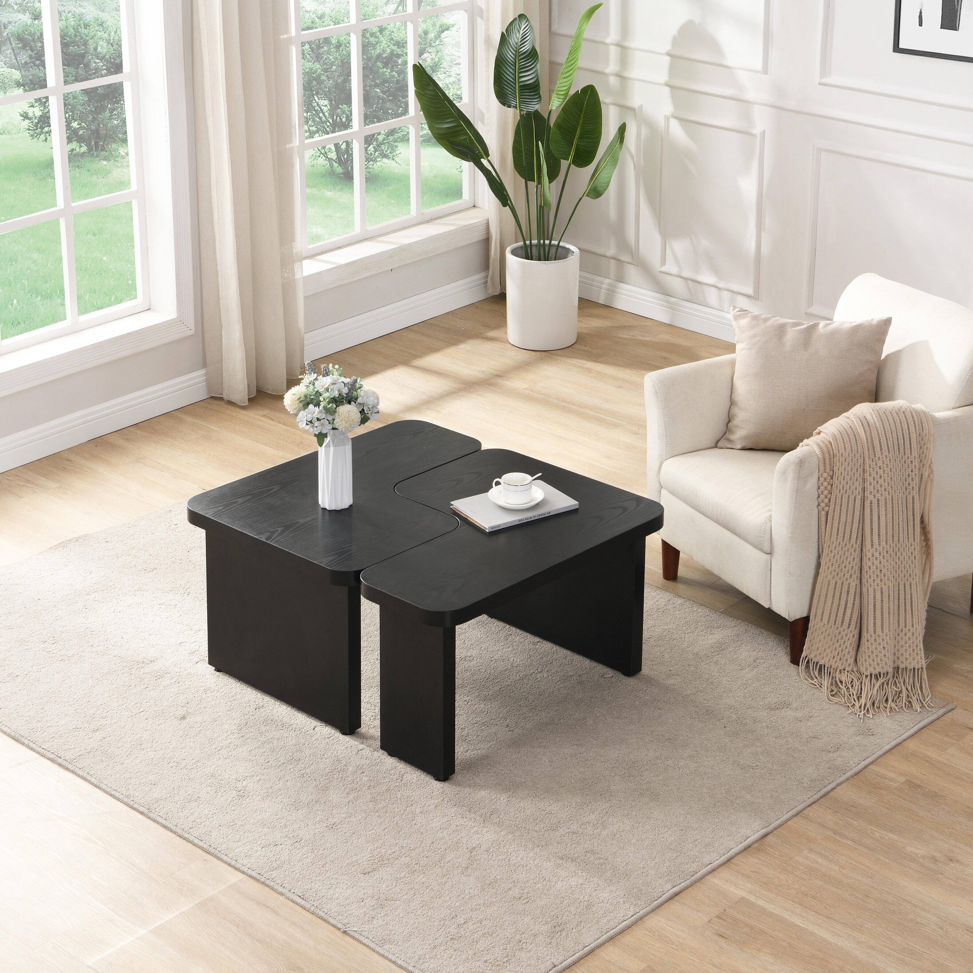 Alt View 2. APRILSOUL - Modern Simple Tempered Glass Coffee Table Solid Wood Base Round Transparent Top Living Room Study - Black.