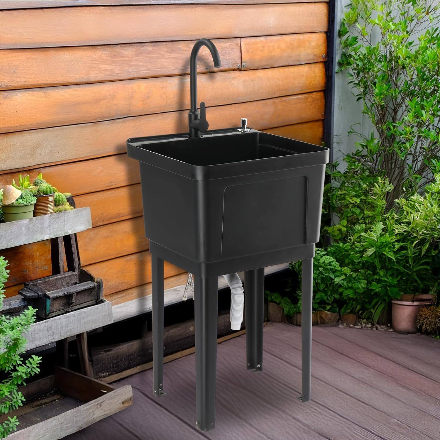 Alt View 4. Winado - Freestanding Plastic Utility Sink Laundry Tub with Stainless Steel Hot & Cold Faucet, Soap Dispenser for Home Warehouses - Black.