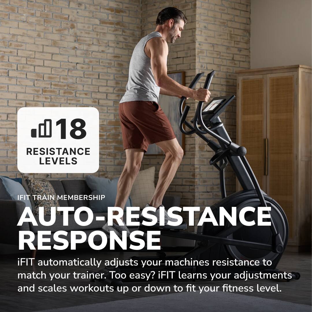 18 RESISTANCE LEVELS

IFIT TRAIN MEMBERSHIP

AUTO-RESISTANCE RESPONSE

iFIT automatically adjusts your machine's resistance to match your trainer. Too easy? iFIT learns your adjustments and scales workouts up or down to fit your fitness level.