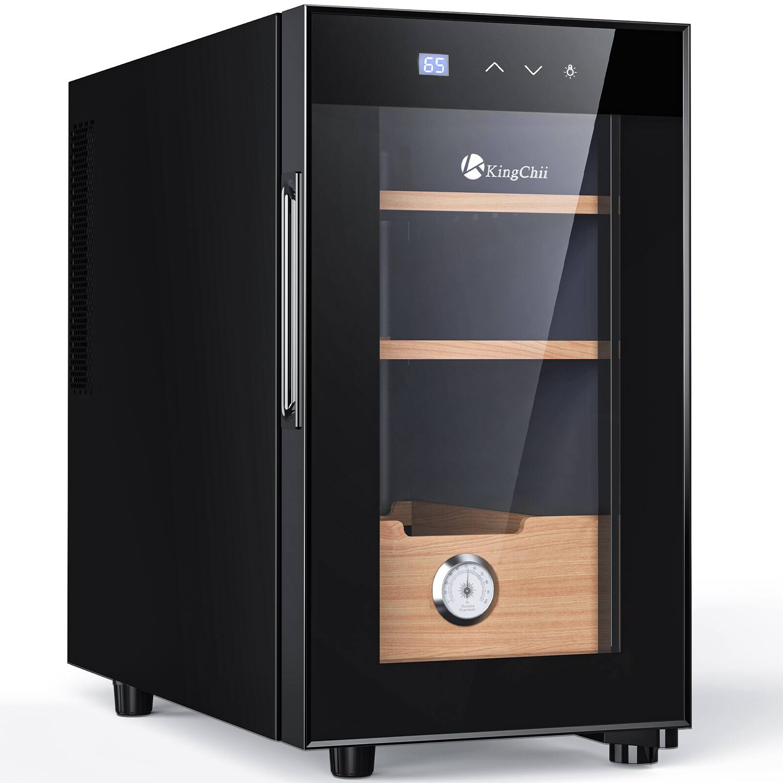 Angle. KingChii - 23L Thermoelectric Cigar Humidor Storage Cabinet with Temp Control, Spanish Cedar Shelves and Hygrometer(150 Capacity) - Black.