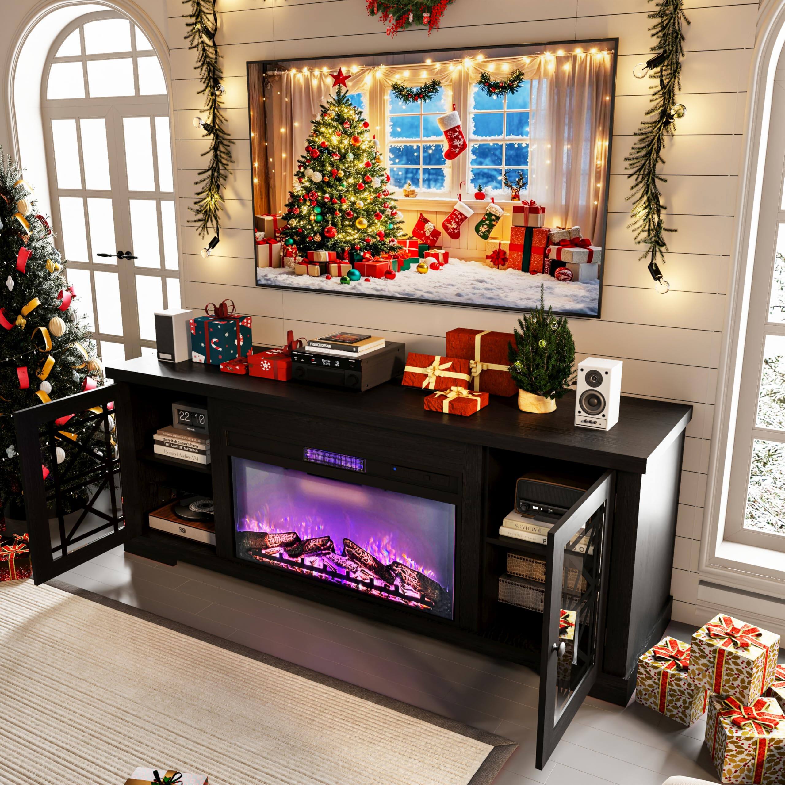 Back. Jojoka - 70" Farmhouse TV Stand with 36" Electric Fireplace, LED Lights & Storage for TVs Up to 80", Remote-Controlled - Black.