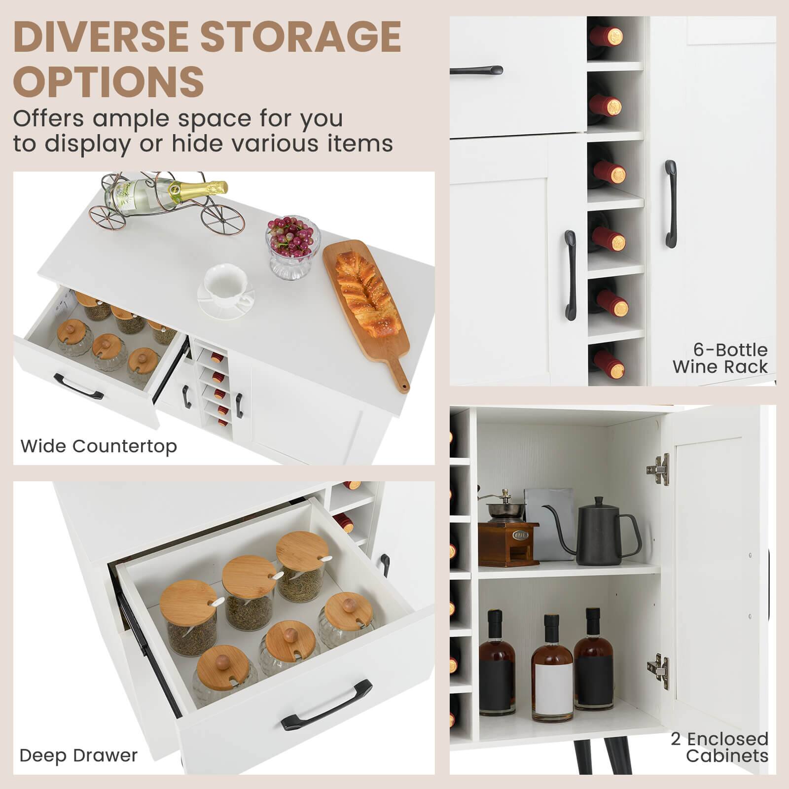 DIVERSE STORAGE OPTIONS Offers ample space for you to display or hide various items 6-Bottle Wine Rack Wide Countertop Deep Drawer 2 Enclosed Cabinets
