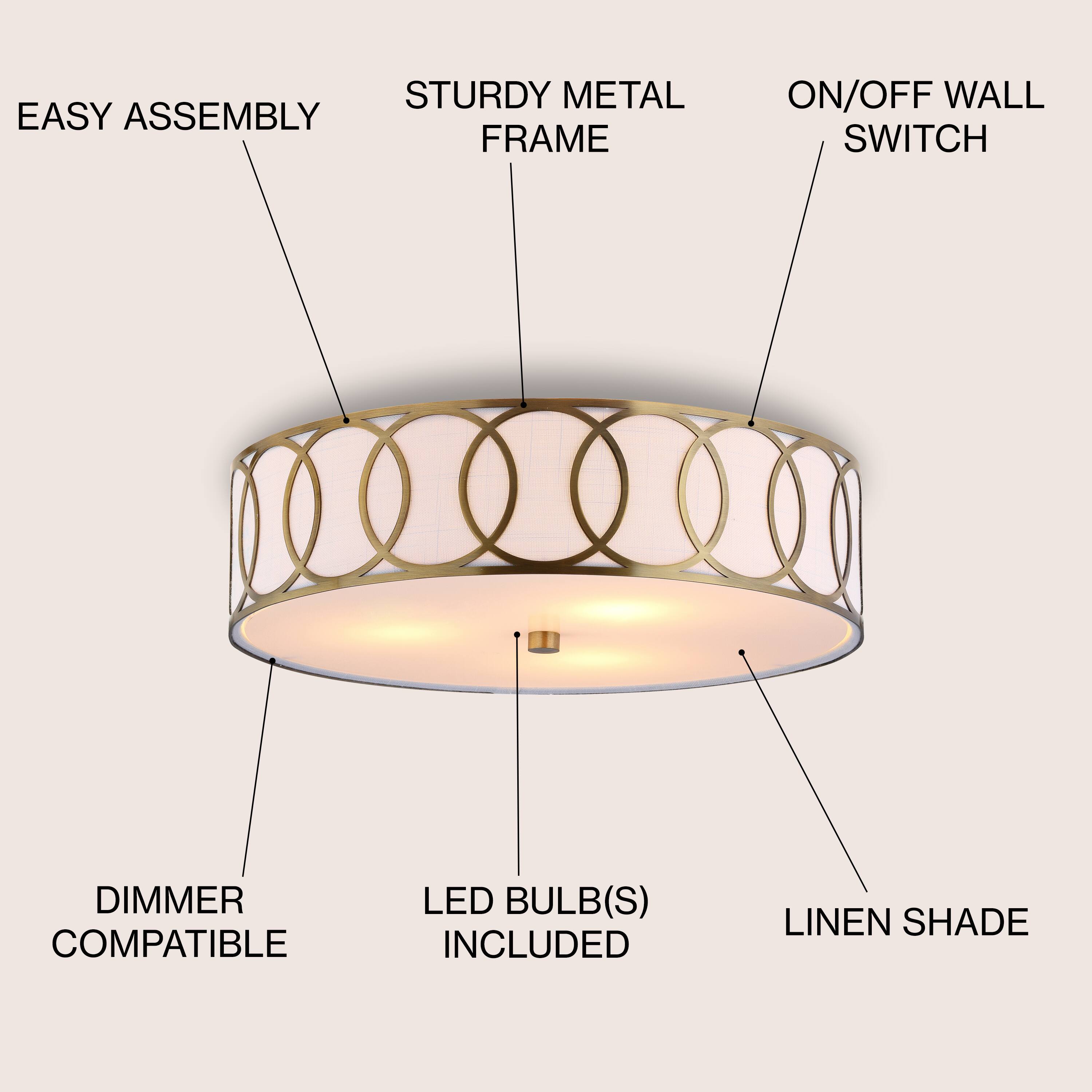 - Easy Assembly
- Sturdy Metal Frame
- On/Off Wall Switch
- Dimmer Compatible
- LED Bulb(s) Included
- Linen Shade