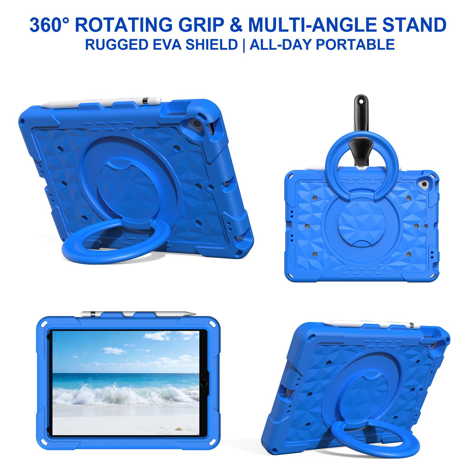 360° ROTATING GRIP & MULTI-ANGLE STAND  
RUGGED EVA SHIELD | ALL-DAY PORTABLE