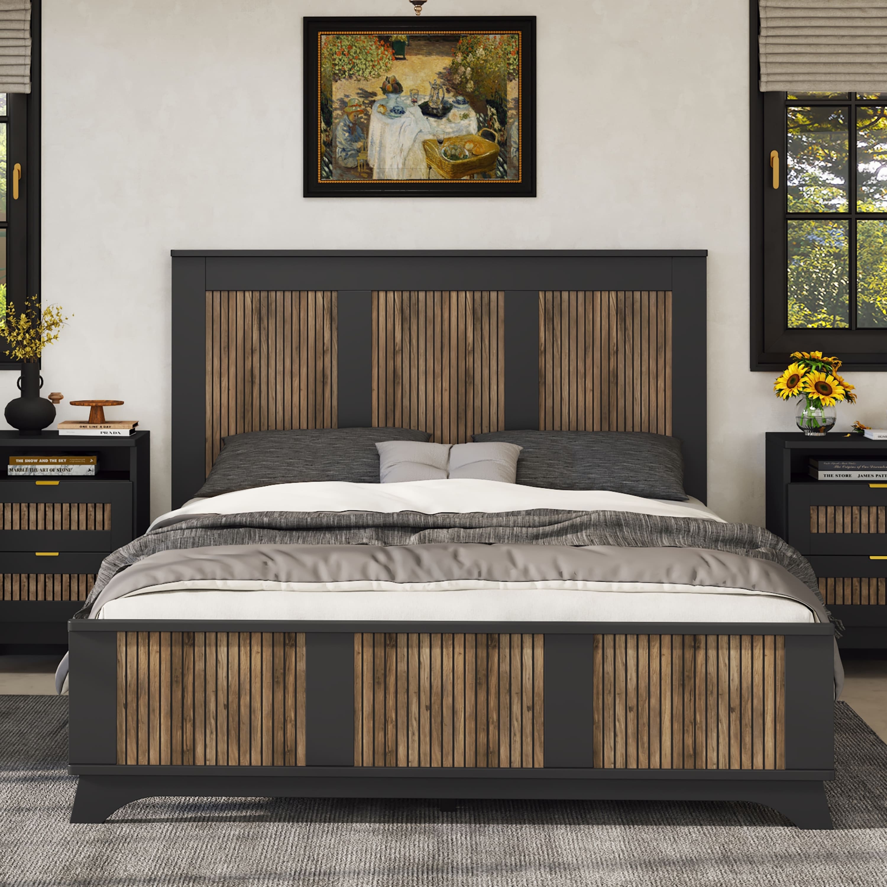 Tiramisubest - Wooden Platform Queen Size Bed, Modern Platform Bed with Wooden Strip Stickers Decoration, Plywood Slats Support, Black - Black