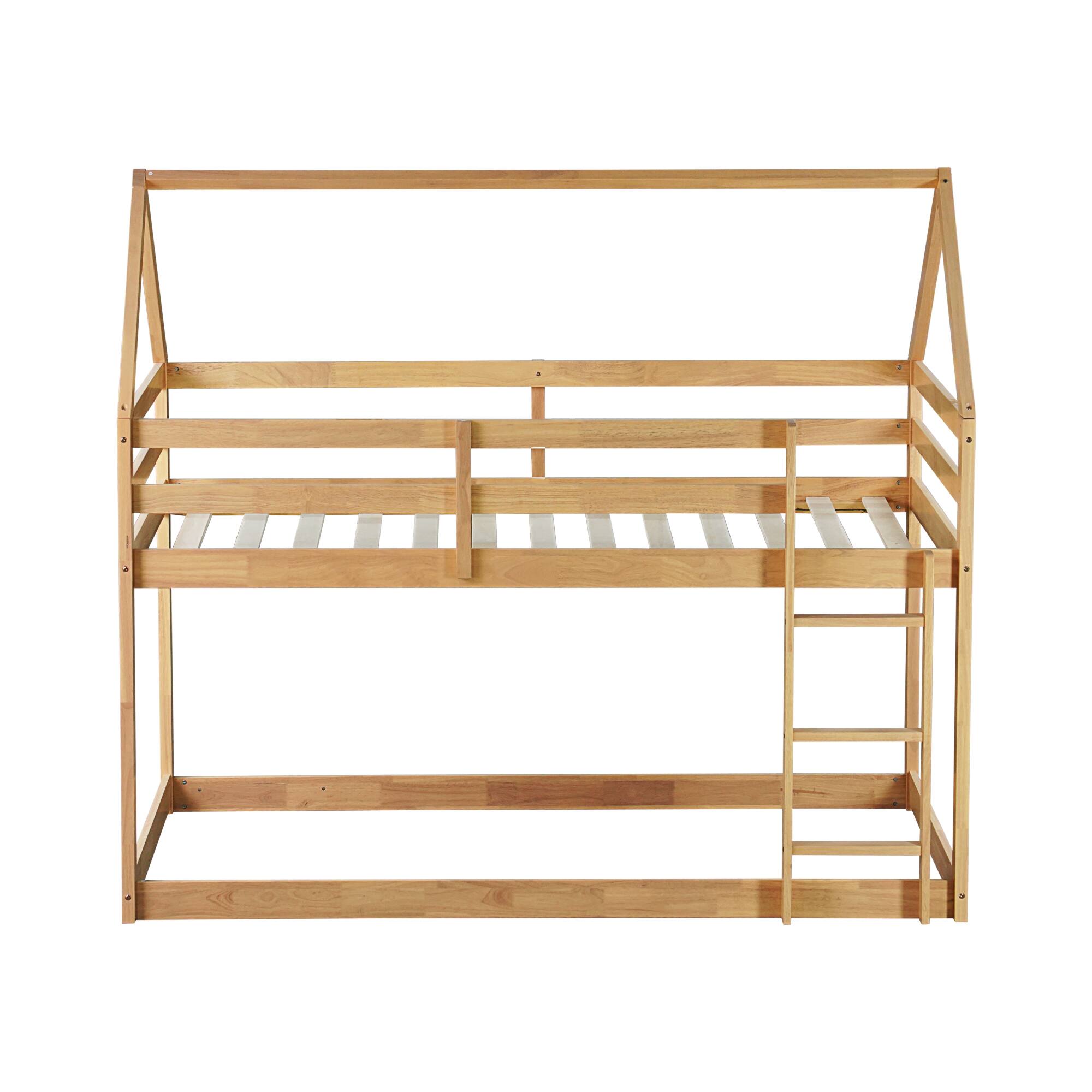 Angle. GOODSILO - House-Shaped Twin Over Twin Rubber Wood Bunk Bed with Ladder and Guardrails for Kids - White+Oak.