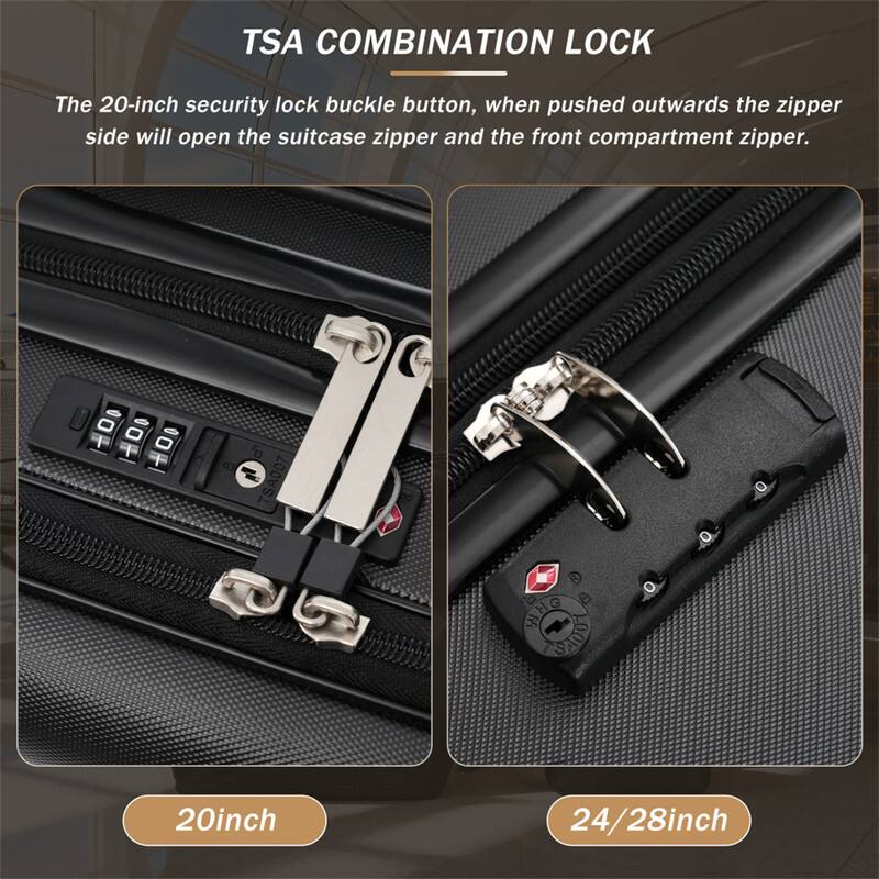 TSA COMBINATION LOCK

The 20-inch security lock buckle button, when pushed outwards the zipper side will open the suitcase zipper and the front compartment zipper.

20inch

24/28inch