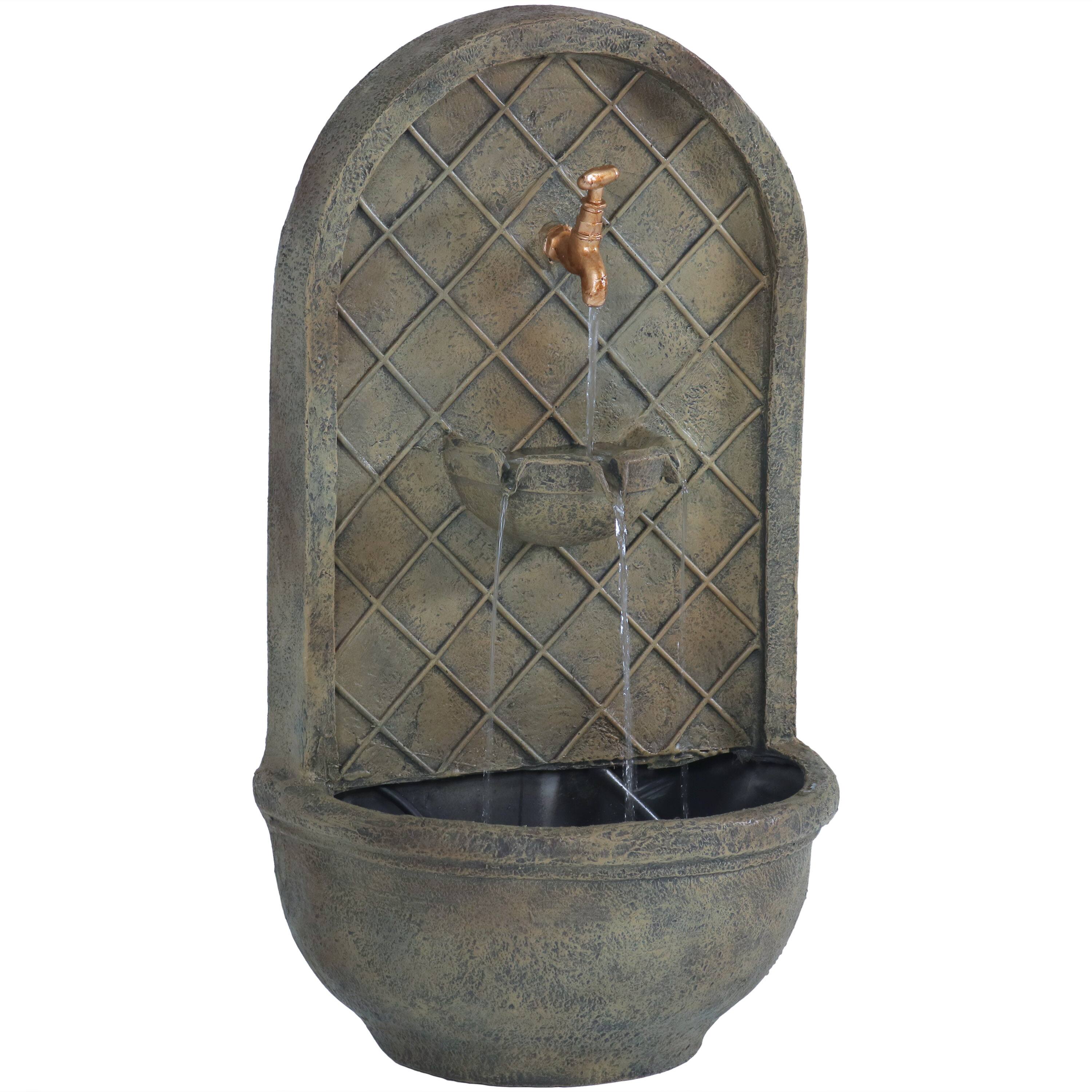Front. Sunnydaze - Messina Outdoor Solar Wall Fountain with Battery - Florentine Stone.