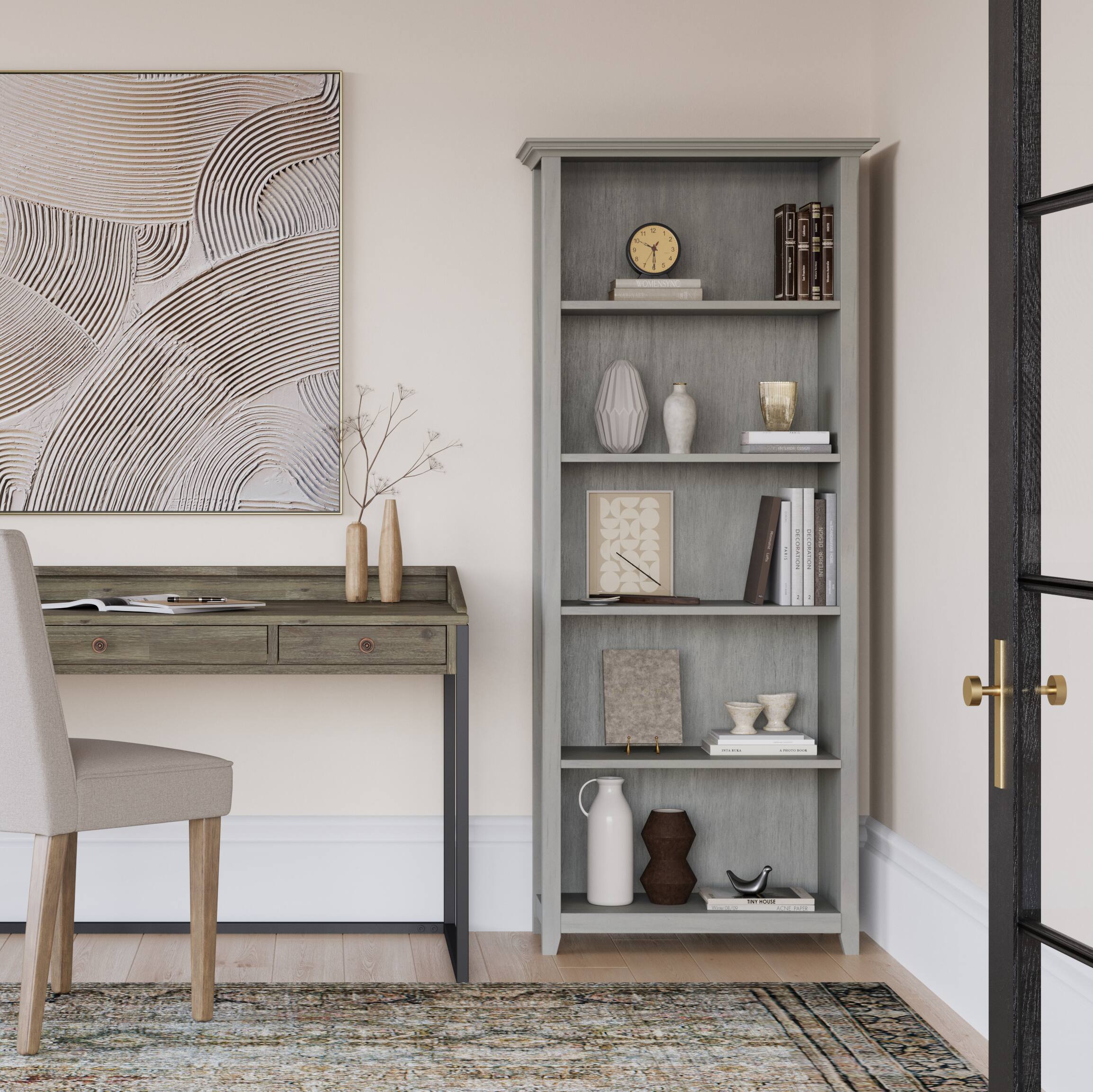 Angle. Simpli Home - Amherst 30 inch Wide Solid Wood Transitional 5 Shelf Bookcase in Fog Grey - Fog Grey.