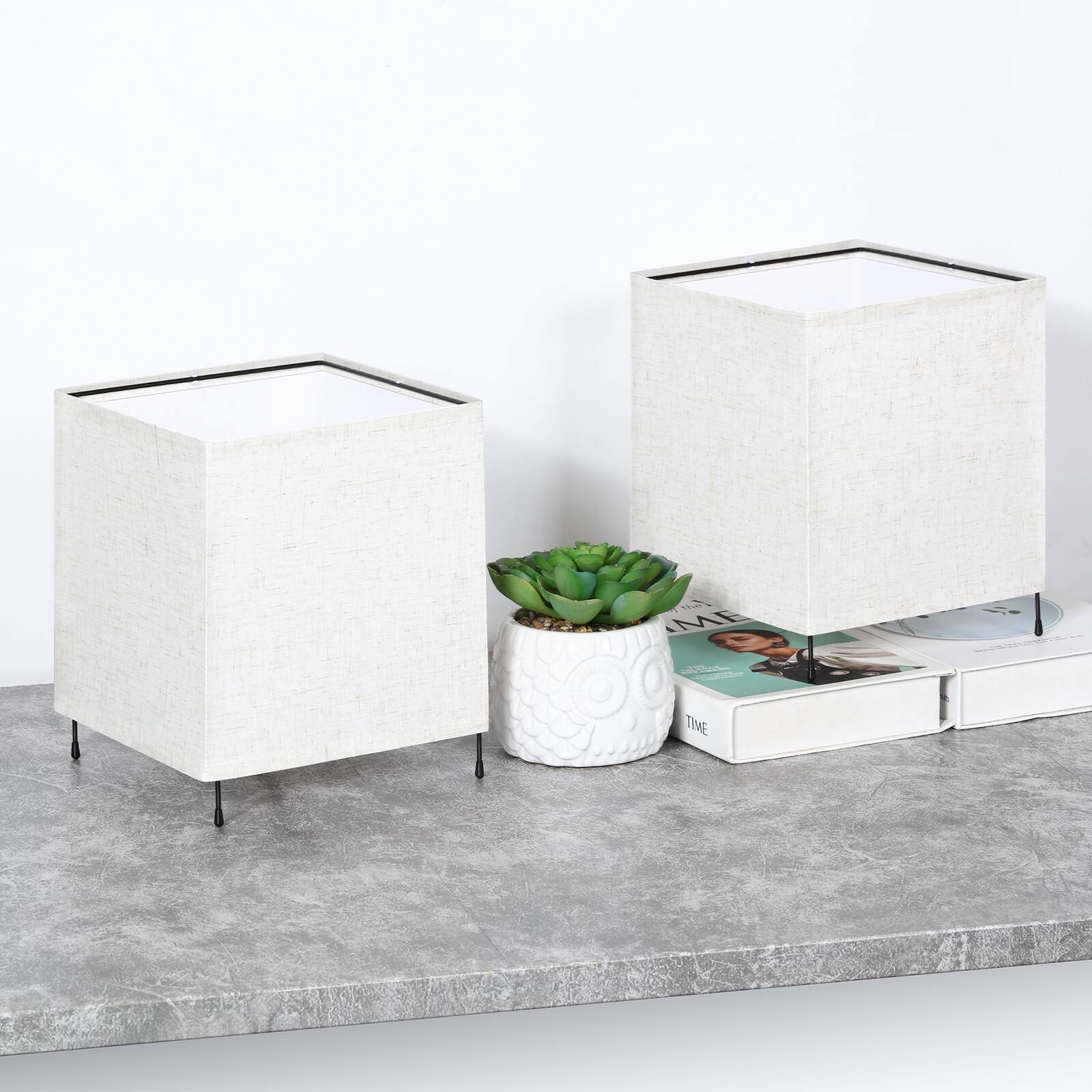 Back. Oumilen - Set of 2 Square Linen Fabric Table Lamps, 9.6in Tall, E26 Socket, Bedside Desk Lamps, Bulbs Not Included.