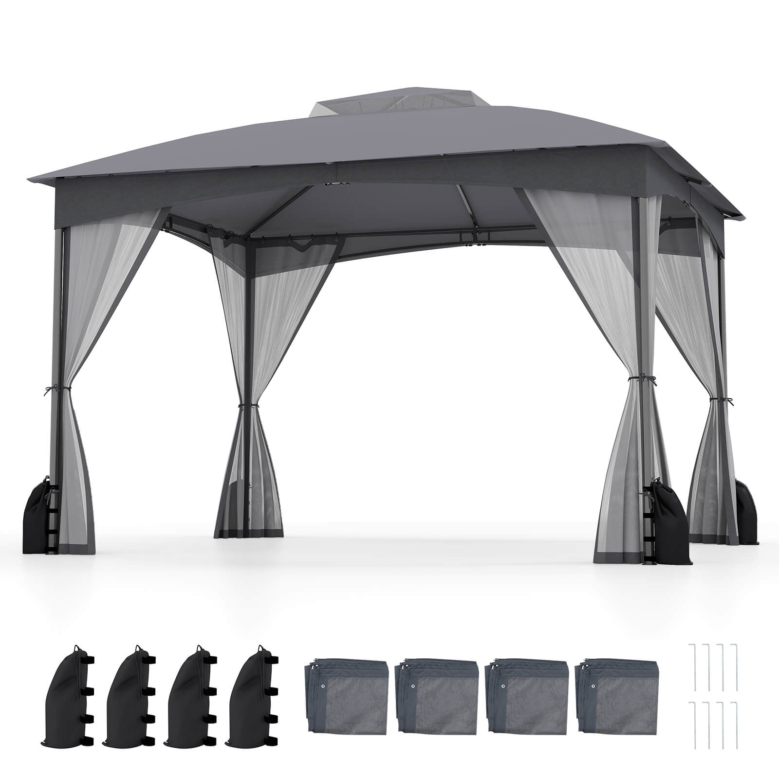 Alt View 9. Costway - Costway 10 X 12 FT Patio Gazebo with Netting Walls 4 Sandbags Zippered Doors Outdoor - Gray.