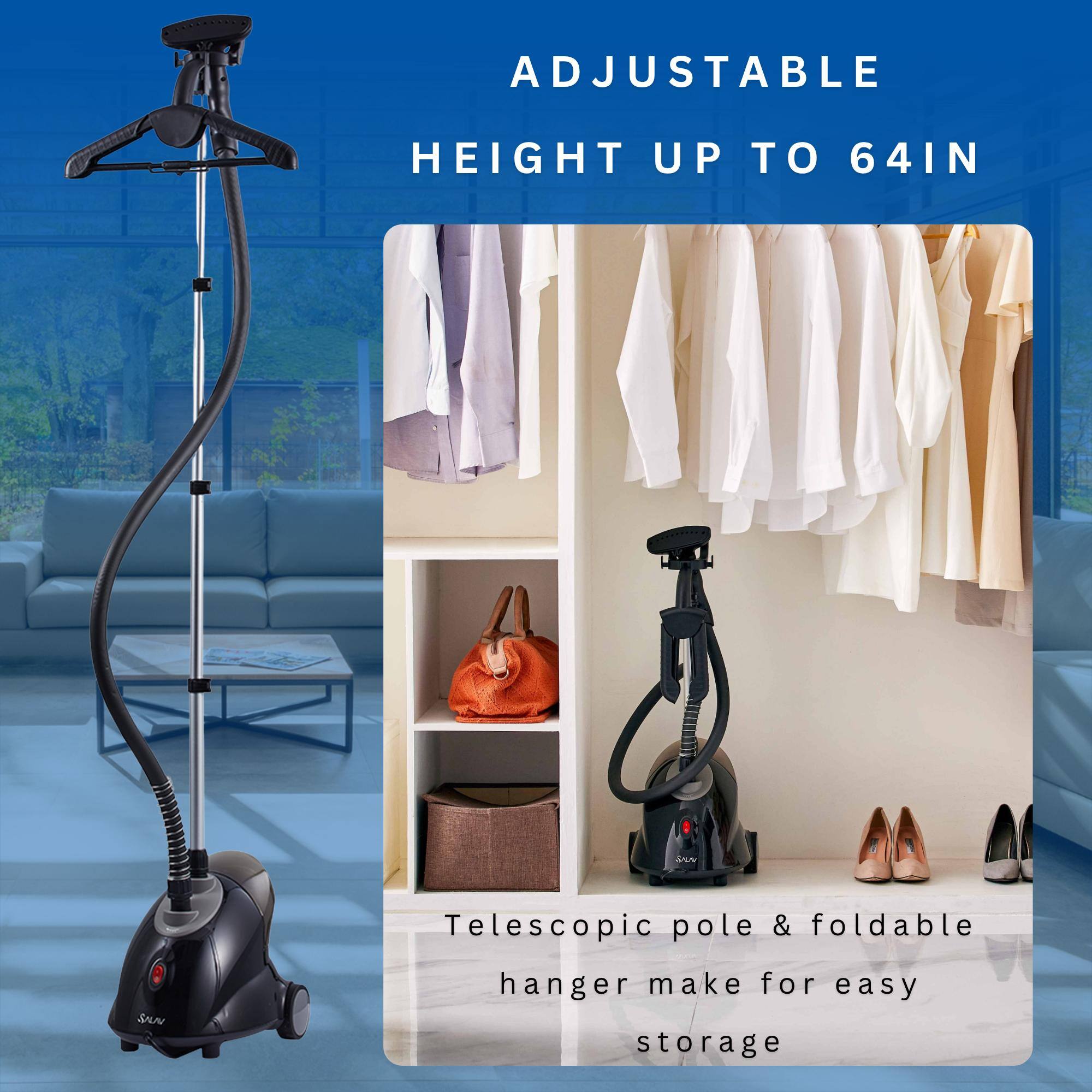 Adjustable height up to 64 inches. Telescopic pole & foldable hanger make for easy storage.