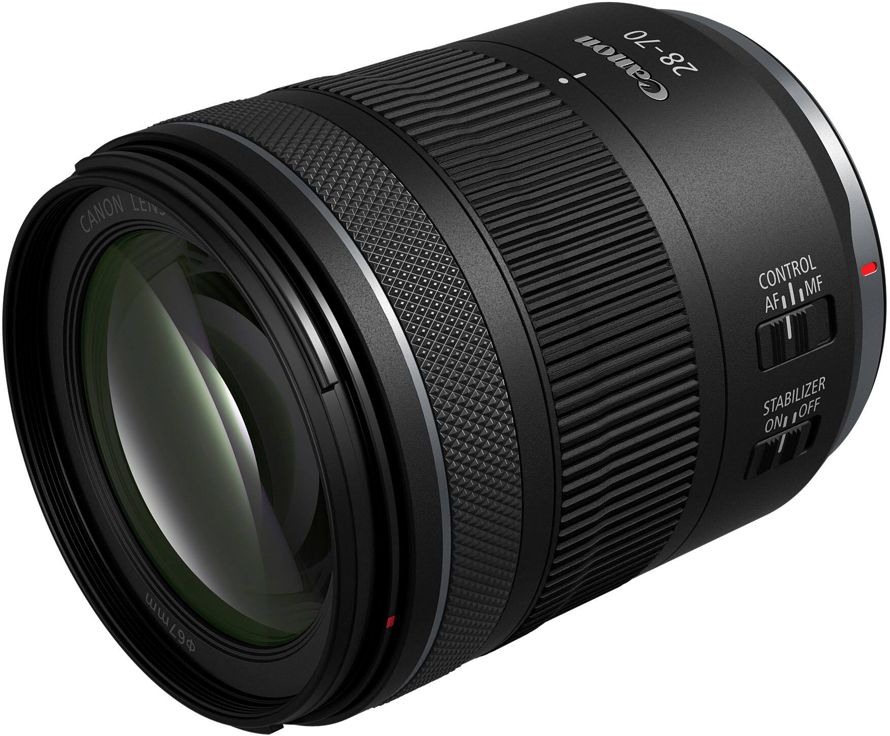 Canon 28-70mm lens with a control ring for manual focus, auto focus, and image stabilizer. The lens has a 67mm filter size.