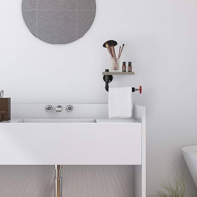 Alt View 1. Oumilen - 2-Piece Industrial Pipe Wall Mounted Shelf, Wood Floating Shelf with Towel Bar & Red Valve Handle, Grey Wood Finish.