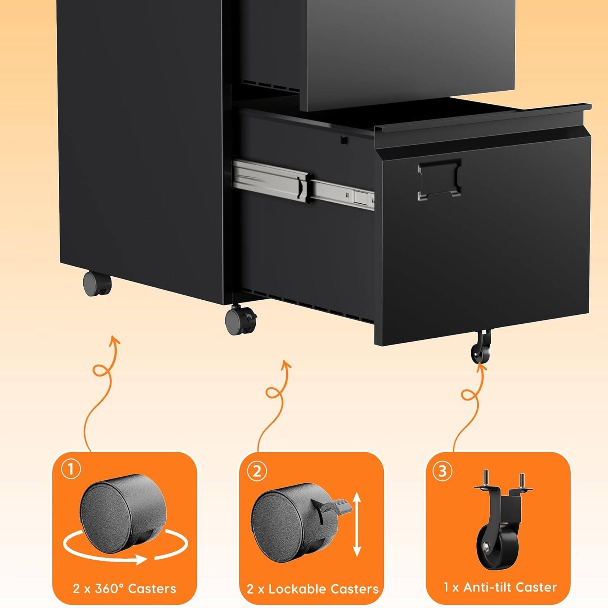 1 x 2 x 360° Casters  
2 x Lockable Casters  
1 x Anti-tilt Caster