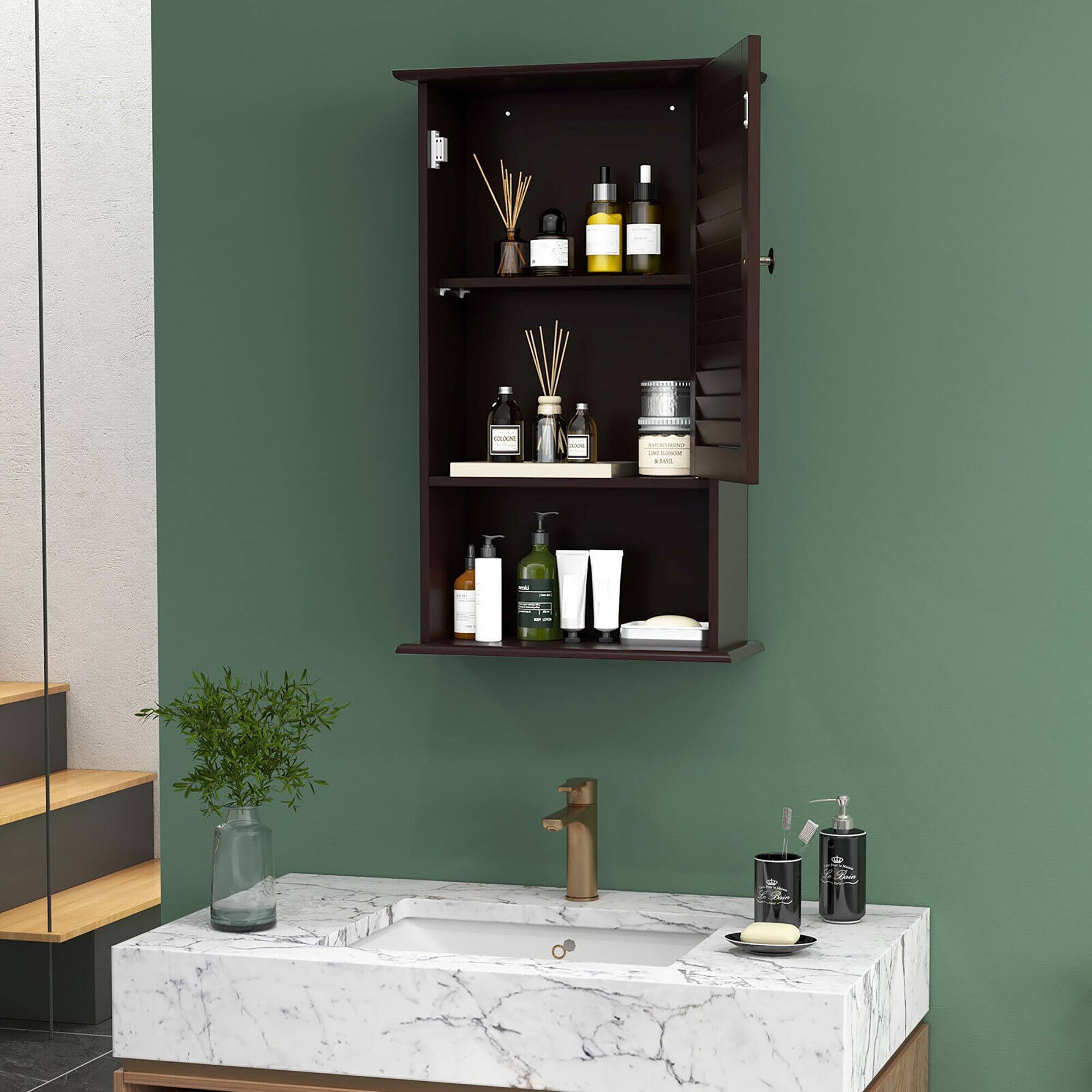 Alt View 2. Gymax - Gymax Bathroom Wall Mount Storage Cabinet Single Door w/Height Adjustable Shelf - Espresso.
