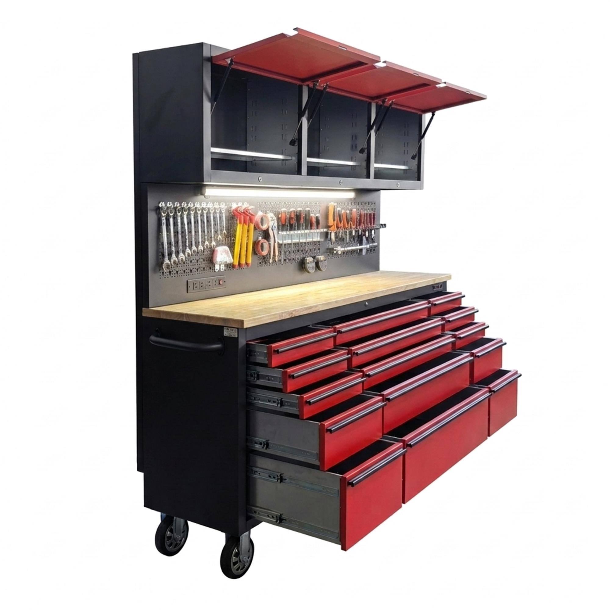 Alt View 3. Boyel Living - 72 inch Rolling Tool Chest with Power Strip Workbench Upper Cabinets Pegboard.