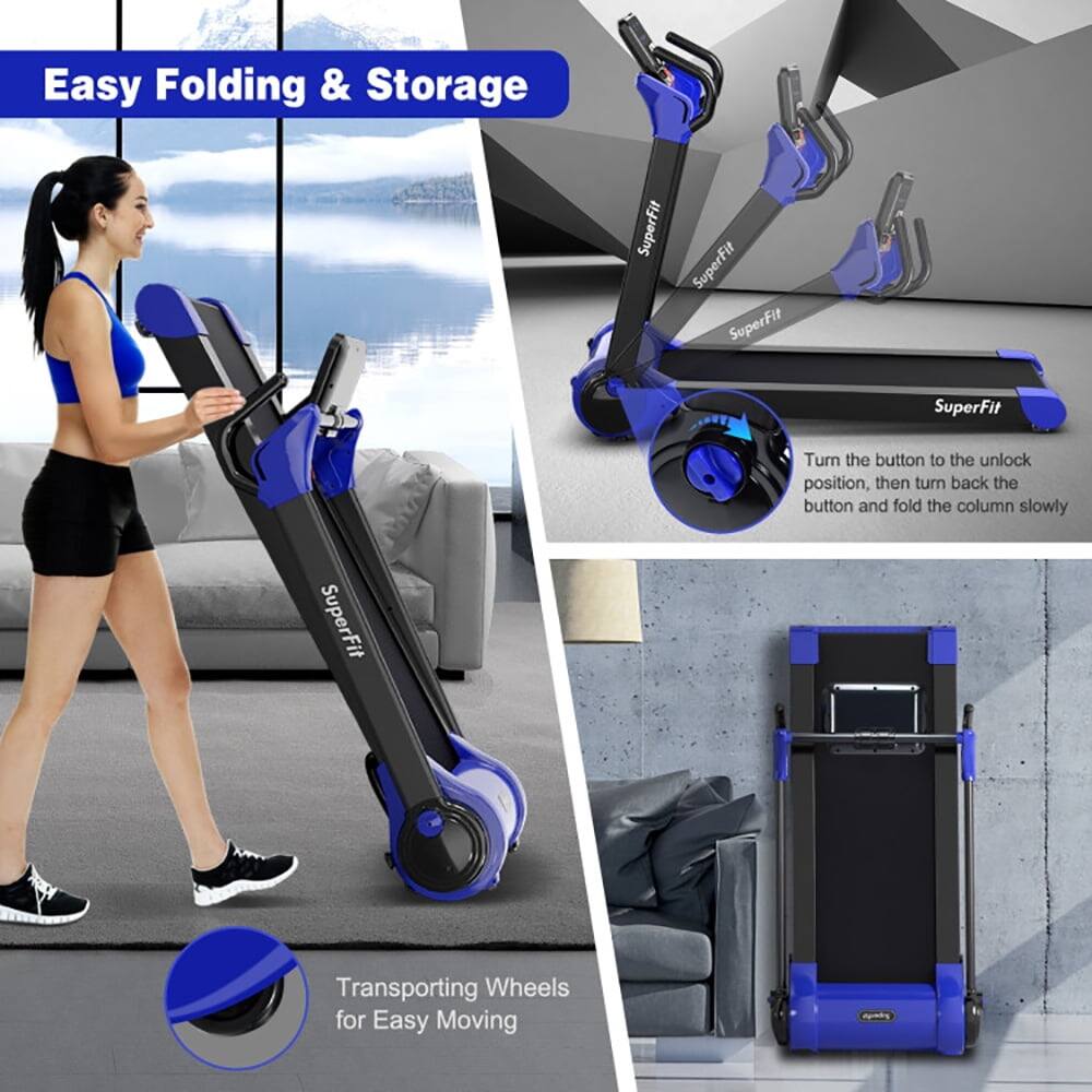 Easy Folding & Storage

SuperFit

Turn the button to the unlock position, then turn back the button and fold the column slowly

Transporting Wheels for Easy Moving