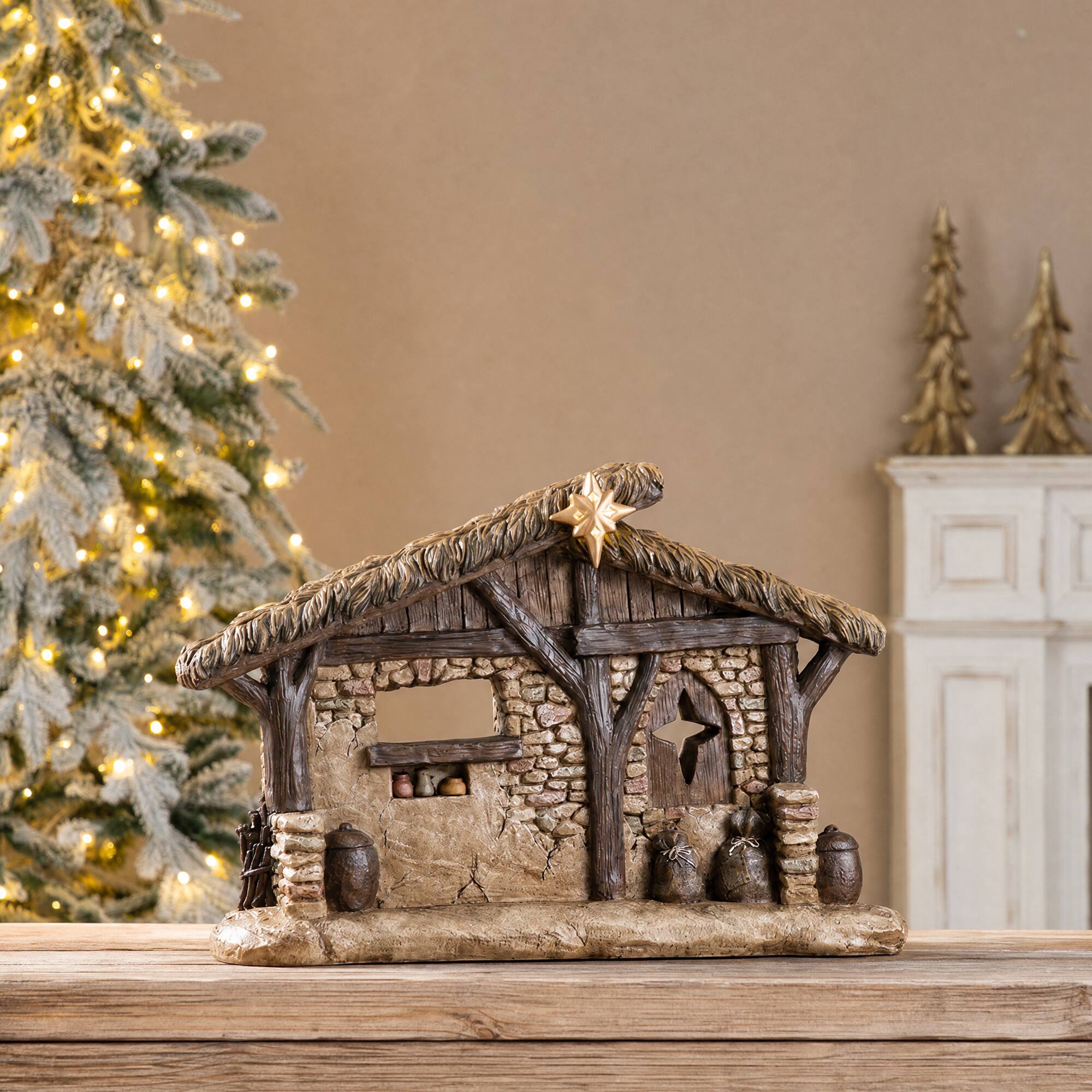 Front. Glitzhome - 14.5"H Lighted Resin Nativity Scene Stable Creche - Multi-Colored.