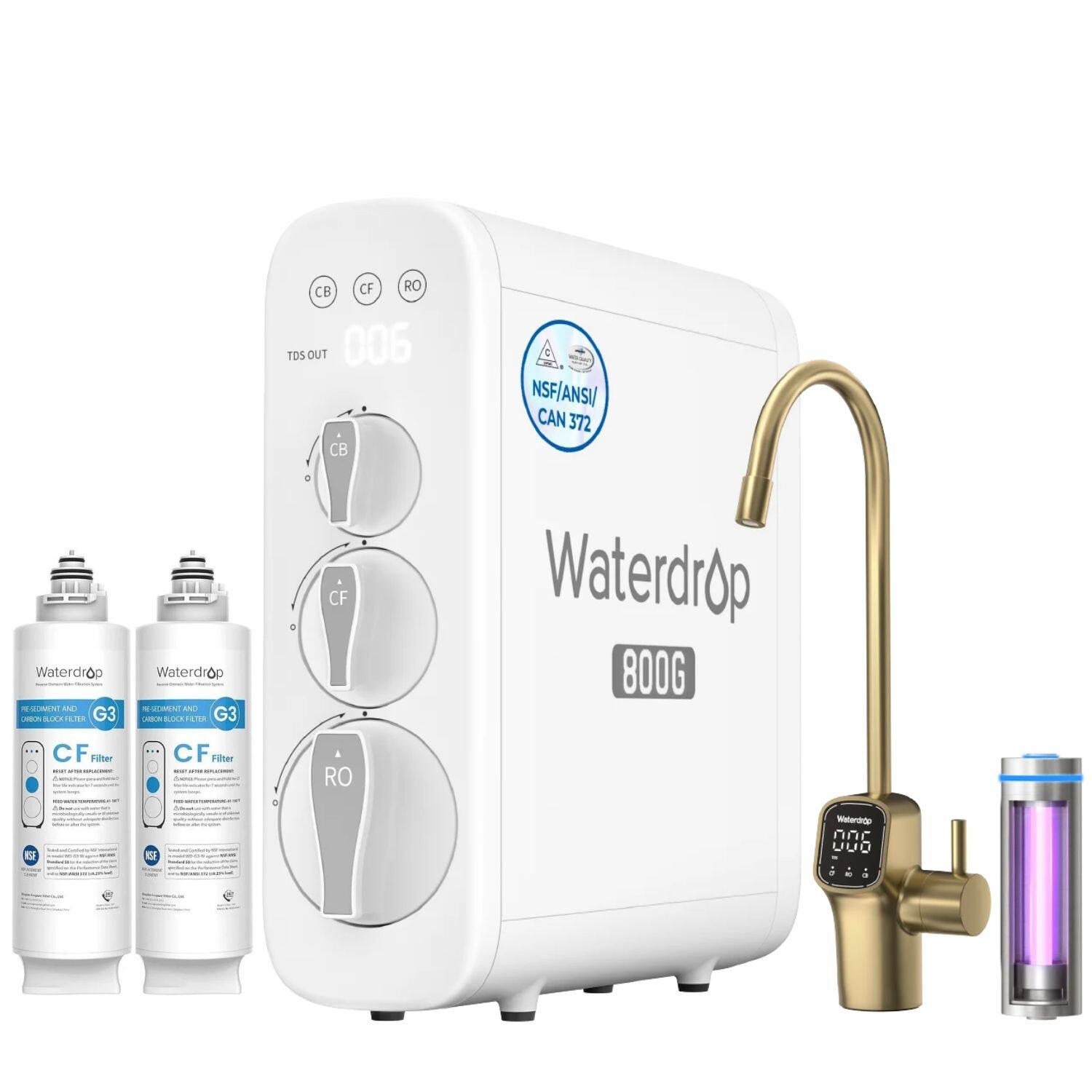 Waterdrop RESERVENT AND CARBON BLOCK FILTER G3  
Waterdrop REGIMENT AND CARBON BLOCK FILTER G3  
OF RO CB TDS OUT 006 CB OF  
INSF/ANSI/ CAN 372 Waterdrop 800G  
CF Filter  
CF Filter Lessa  
RO  
ISE  
ISE  
Waterdrop 000 1.00