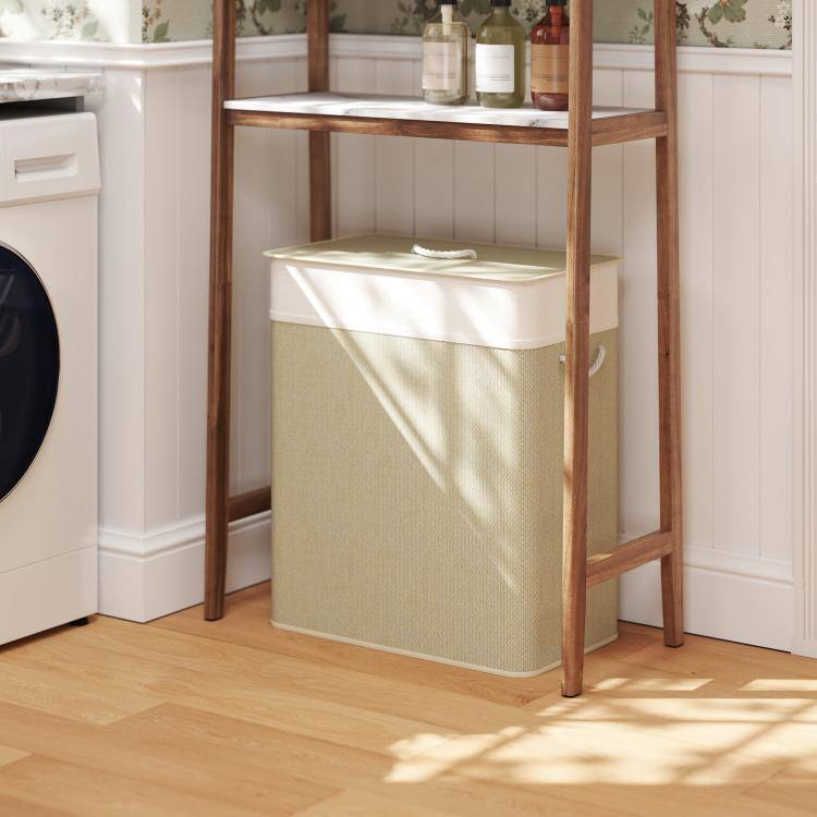 Alt View 1. PULUZ - Double Laundry Basket with Lid, 26.4 Gallon Bamboo Laundry Hamper with Rope Handles and Removable Liner - Natural.