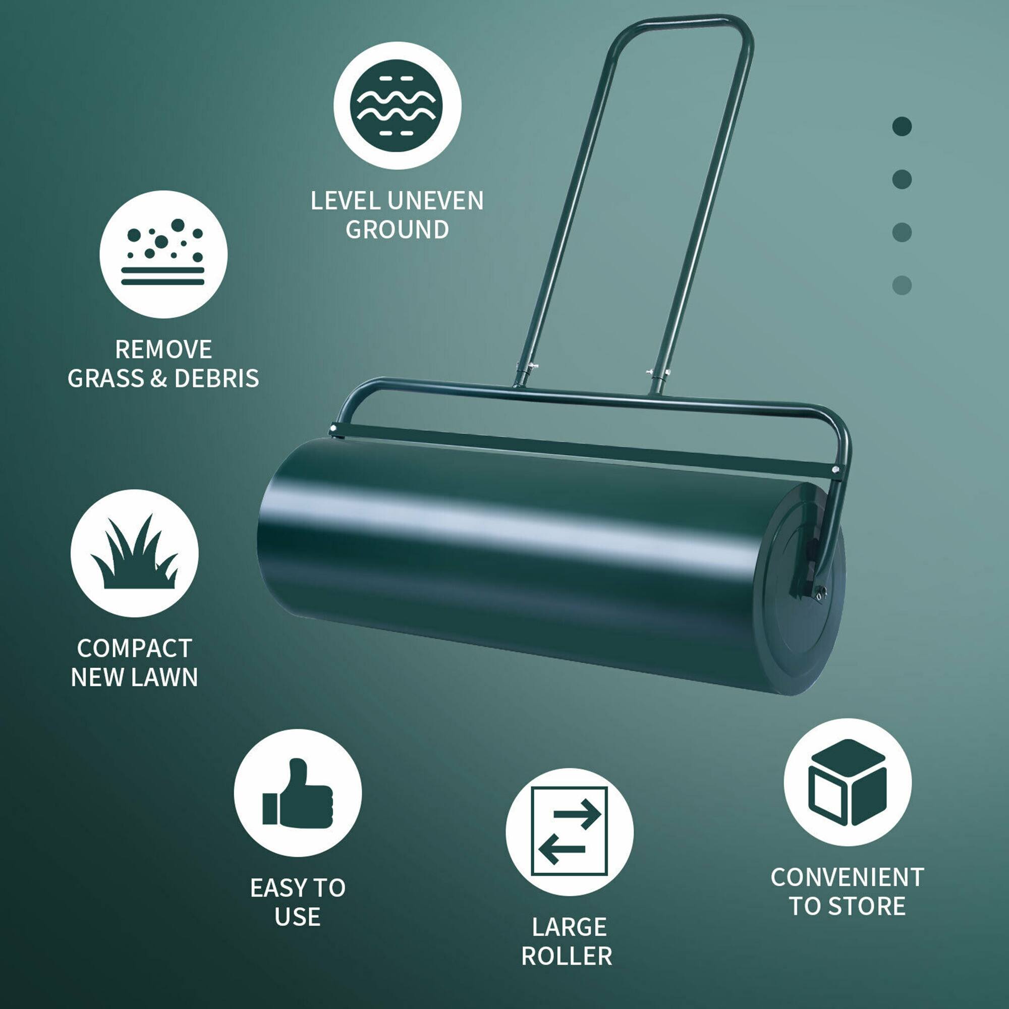 - REMOVE GRASS & DEBRIS
- LEVEL UNEVEN GROUND
- COMPACT NEW LAWN
- EASY TO USE
- LARGE ROLLER
- CONVENIENT TO STORE