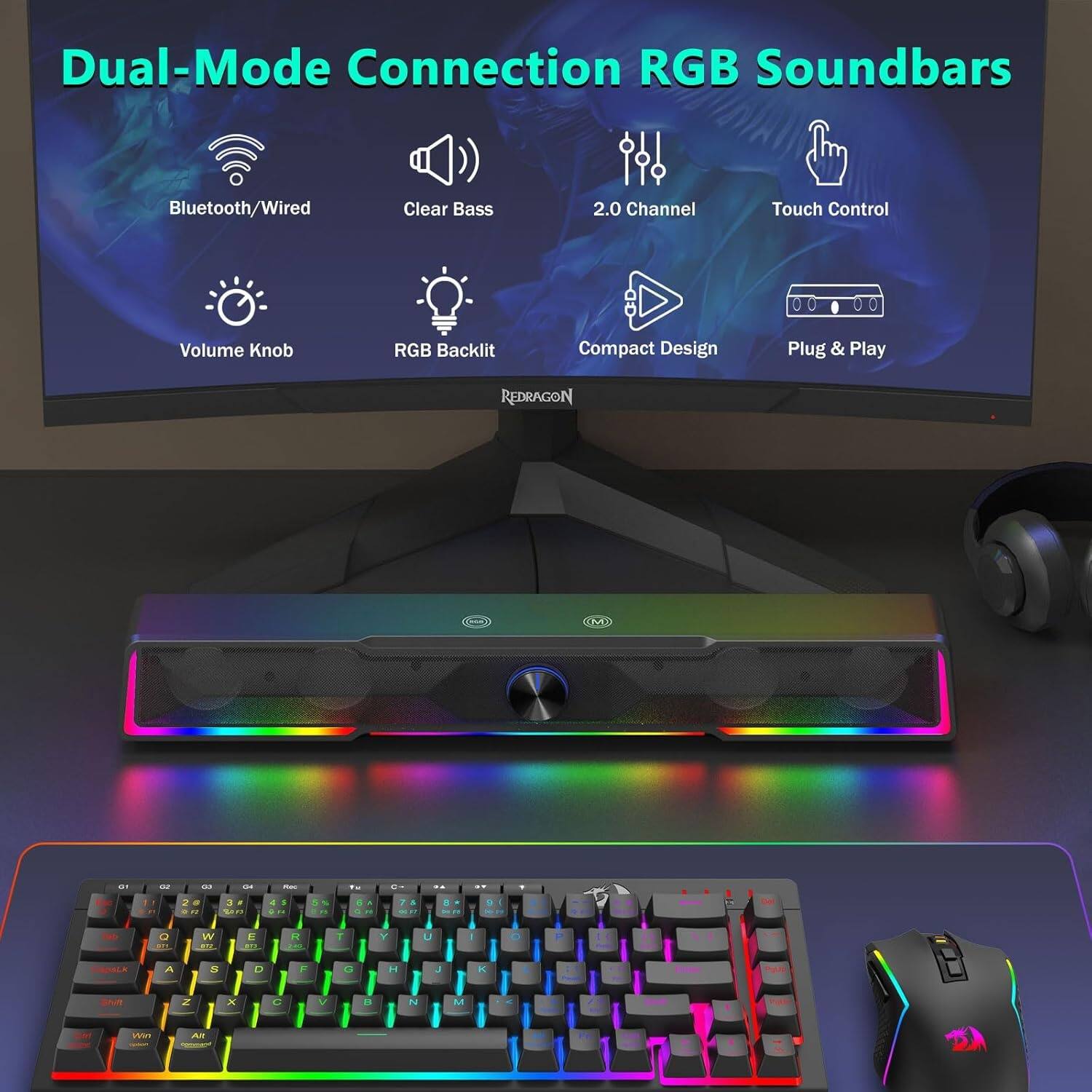 Dual-Mode Connection RGB Soundbars Bluetooth/Wired Clear Bass 2.0 Channel Touch Control Volume Knob RGB Backlit Compact Design Plug & Play REDRAGON 1S-1