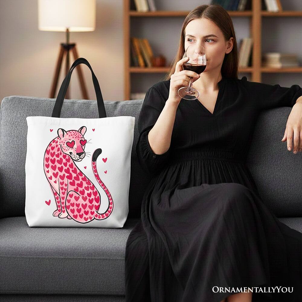 Left. OrnamentallyYou - Pink Leopard Valentine Canvas Tote Bag, Cute Hearts Reusable Urban Bag - White Black.