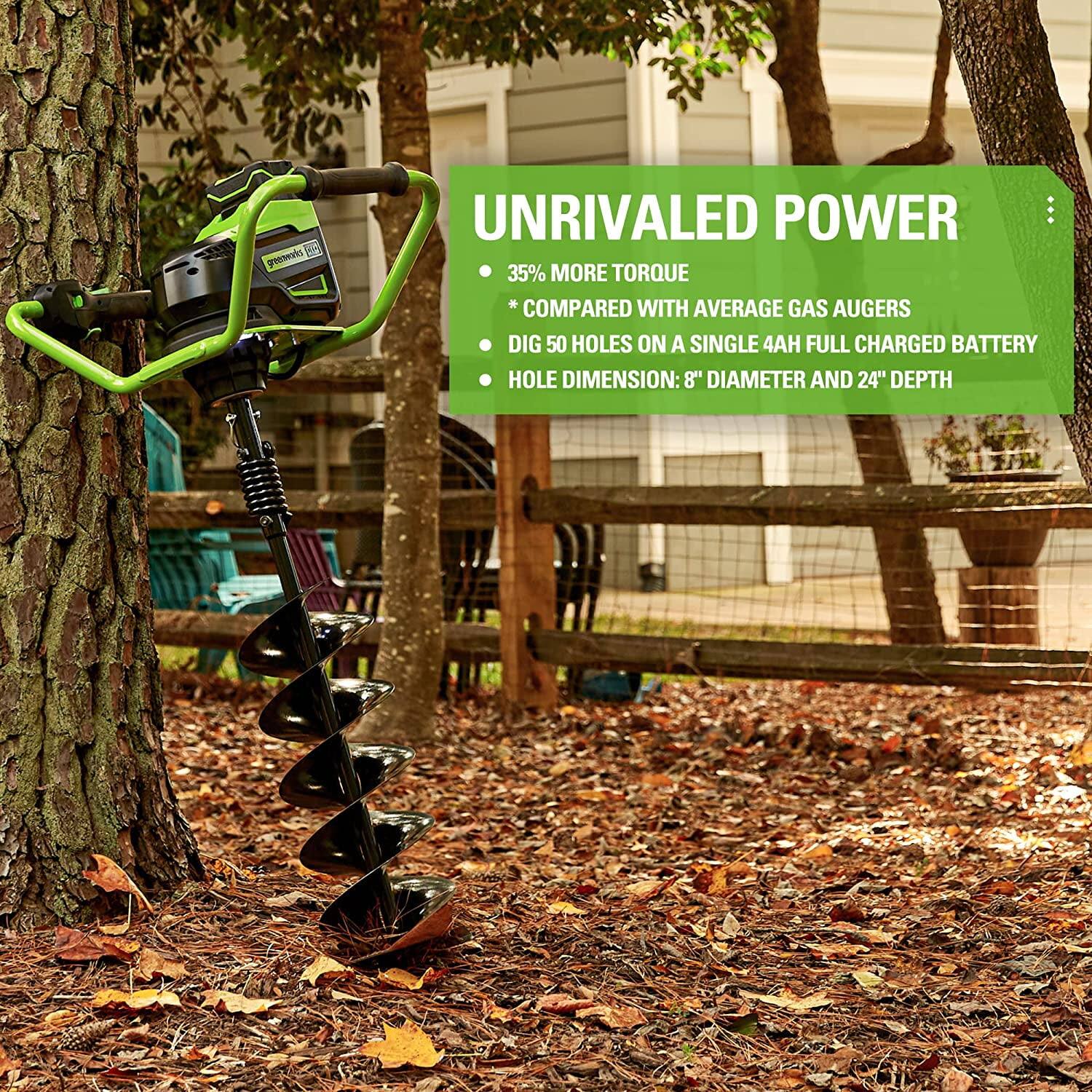 UNRIVALED POWER  
MORE TORQUE  
COMPARED WITH AVERAGE GAS AUGERS  
DIG 50 HOLES ON A SINGLE 4AH FULL CHARGED BATTERY  
HOLE DIMENSION: 8" DIAMETER AND 24" DEPTH