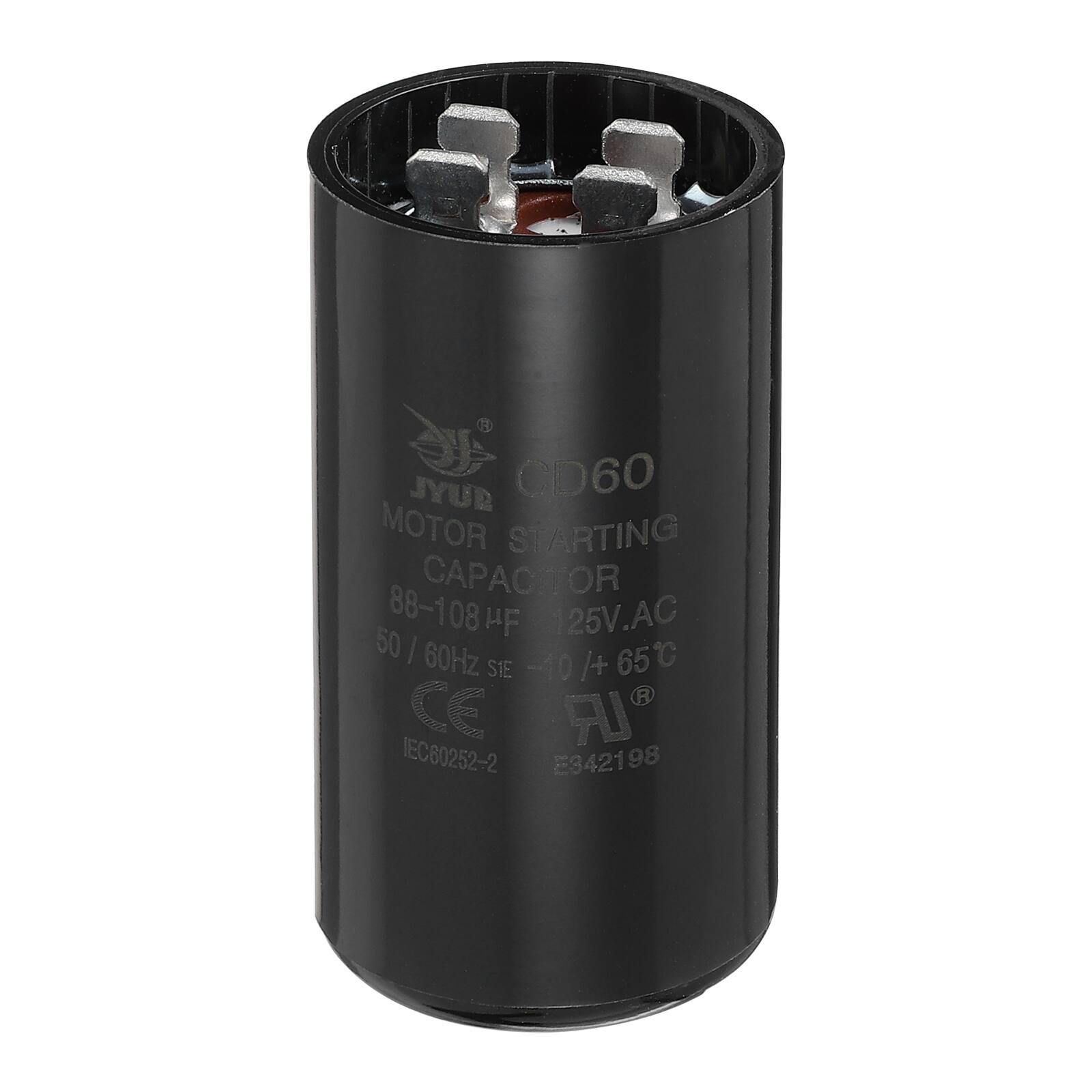 JYUB CD60 MOTOR STARTING CAPACITOR  
88-108 µF  
125V AC  
50 | 60Hz  
65°C  
SIE -10 /+ 10  
CE  
IEC80252-2  
E342198