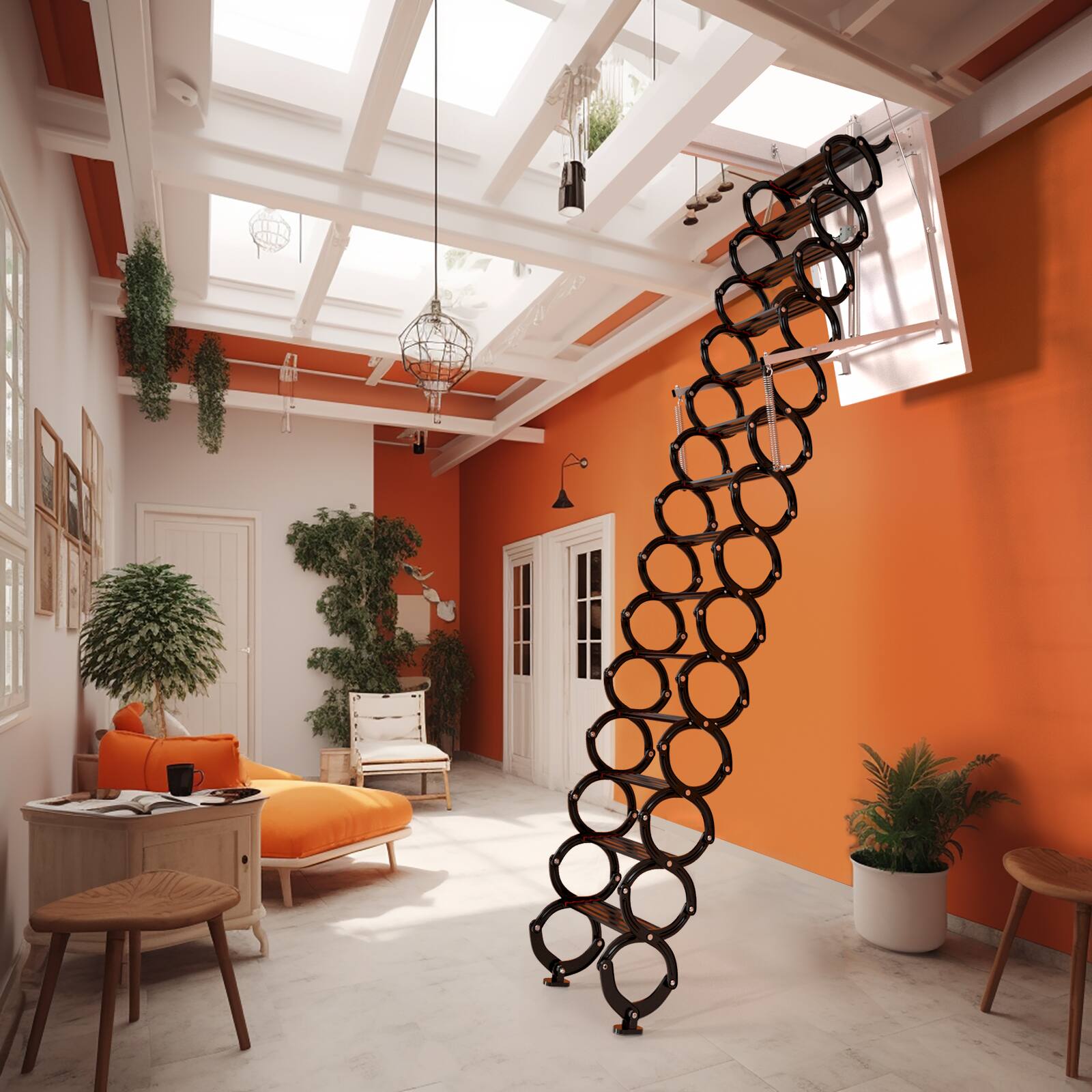 Alt View 5. Topteng - 13-Step Electric Attic Ladder 11.8FT - Aluminum Folding Pull-Down Stairs, 500lb Capacity, Remote Control - Black.