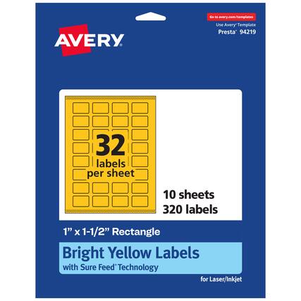 Go to avery.com/templates
AVERY
Use Avery Template Presta* 94219
32 labels per sheet
10 sheets 320 labels
1" x 1-1/2" Rectangle
Bright Yellow Labels with Sure Feed Technology for Laser/Inkjet