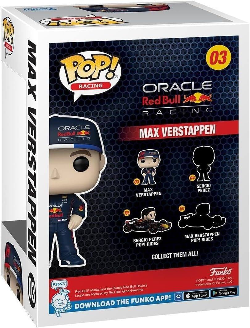 POP! Racing  
03  
Oracle Red Bull Racing  
Max Verstappen  

Red Bull Racing  
Max Verstappen  
04  
Sergio Perez  

Funko  
POP! and Funko are trademarks of Funko, LLC  

PSSST!  
Red Bull Marks and the Oracle Racing logos are licensed by Red Bull GmbH/Austria  

Download the Funko App!  
App Store  
Google Play