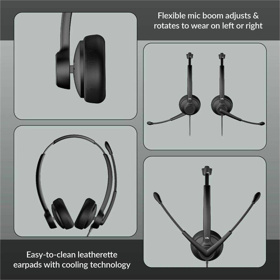 Flexible mic boom adjusts & rotates to wear on left or right

Easy-to-clean leatherette earpads with cooling technology