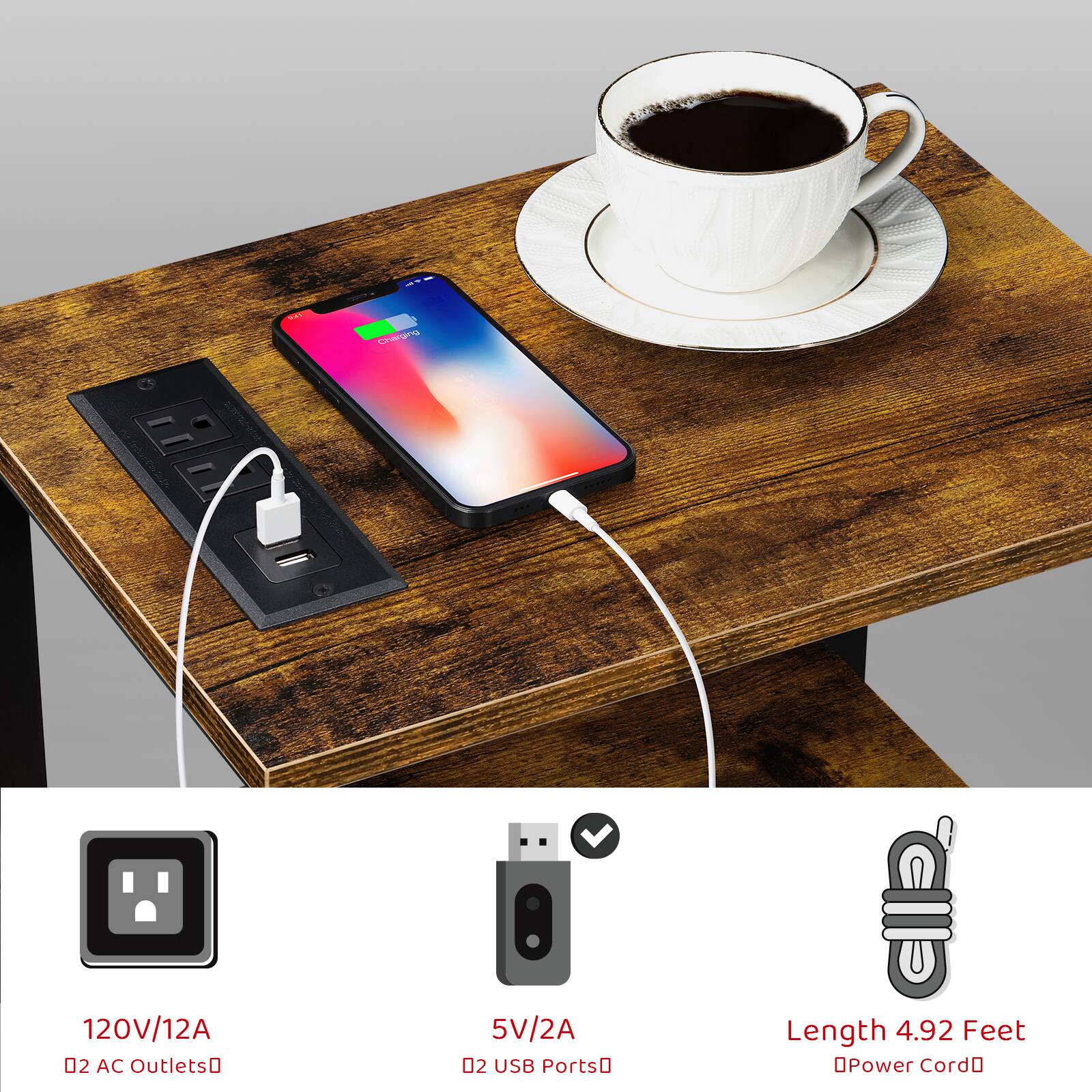 - 120V/12A 02 AC Outlets
- 5V/2A 02 USB Ports
- Length 4.92 Feet
- Power Cord