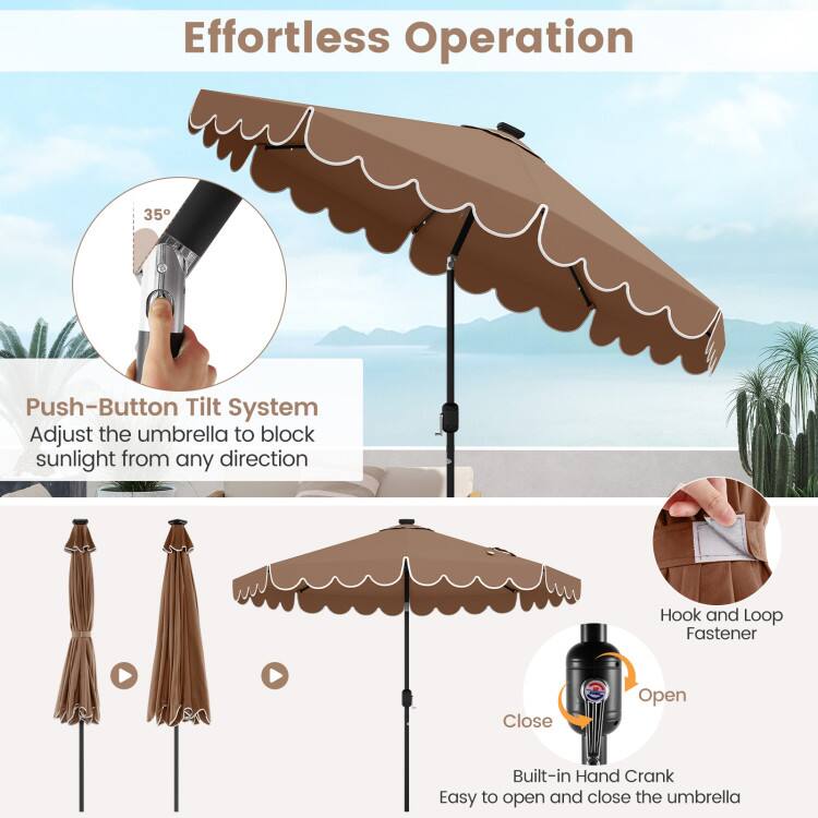 Effortless Operation

35° Push-Button Tilt System
Adjust the umbrella to block sunlight from any direction

Hook and Loop Fastener

Built-in Hand Crank
Easy to open and close the umbrella