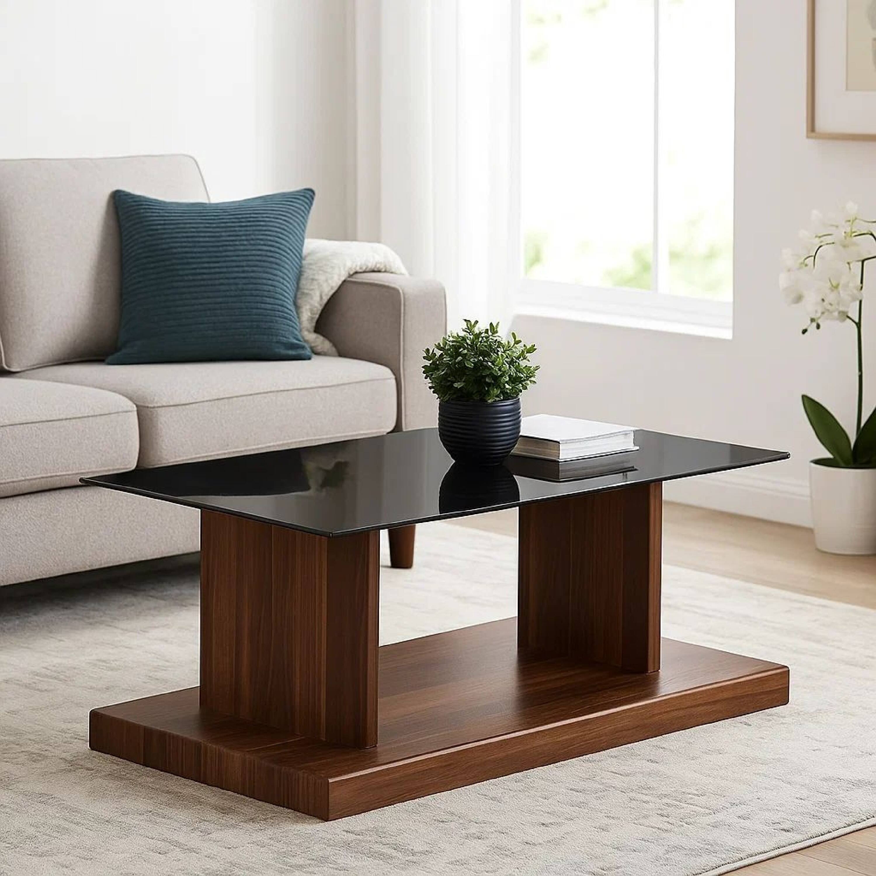 Alt View 7. Manhattan Lane - Liam 47 Inch Rectangular Coffee Table, Brown Wood, Pedestal Base, Glass Top - Brown, Black.