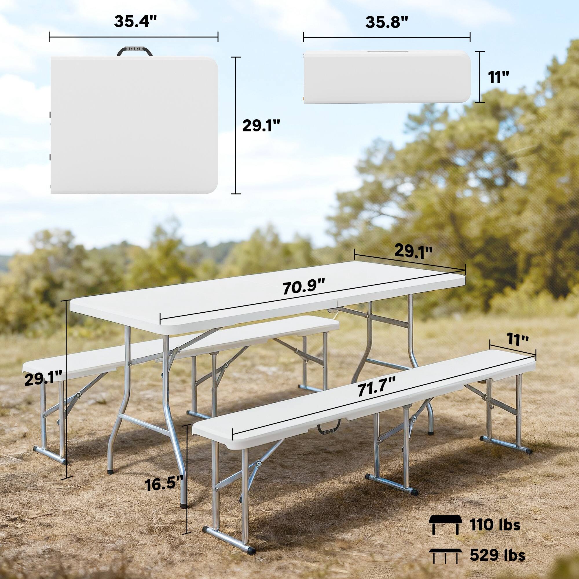 35.4" x 29.1"  
35.8" x 11"  
70.9" x 29.1" x 11"  
71.7" x 29.1" x 16.5"  
110 lbs  
529 lbs