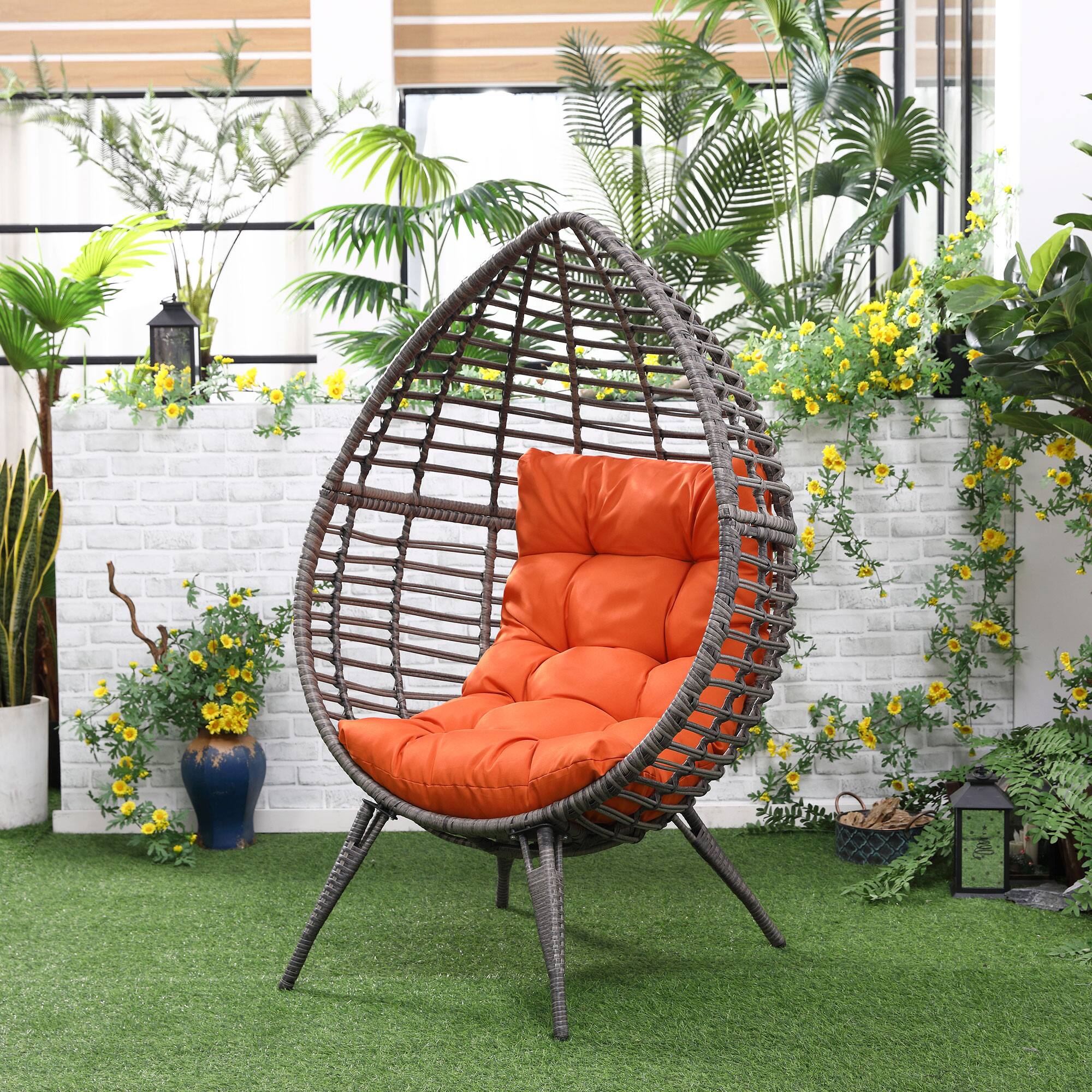Alt View 1. Outsunny - Patio Wicker Egg Chair w/ Soft Cushion, Teardrop Cuddle Seat, Outdoor / Indoor Patio Chair, PE Plastic Rattan Furniture - Orange.