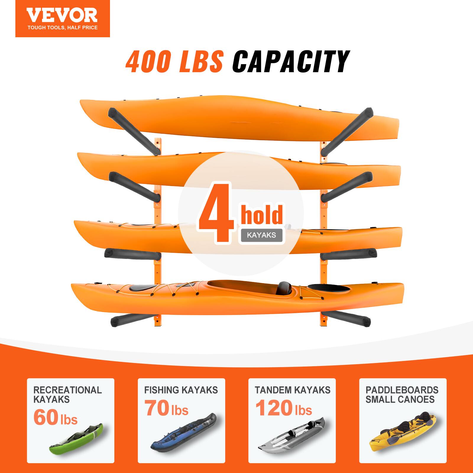 VEVOR TOUGH TOOLS. HALF PRICE. 400 LBS CAPACITY. 4 hold KAYAKS. RECREATIONAL KAYAKS 60 lbs. FISHING KAYAKS 70 lbs. TANDEM KAYAKS 120 lbs. PADDLEBOARDS SMALL CANOES.