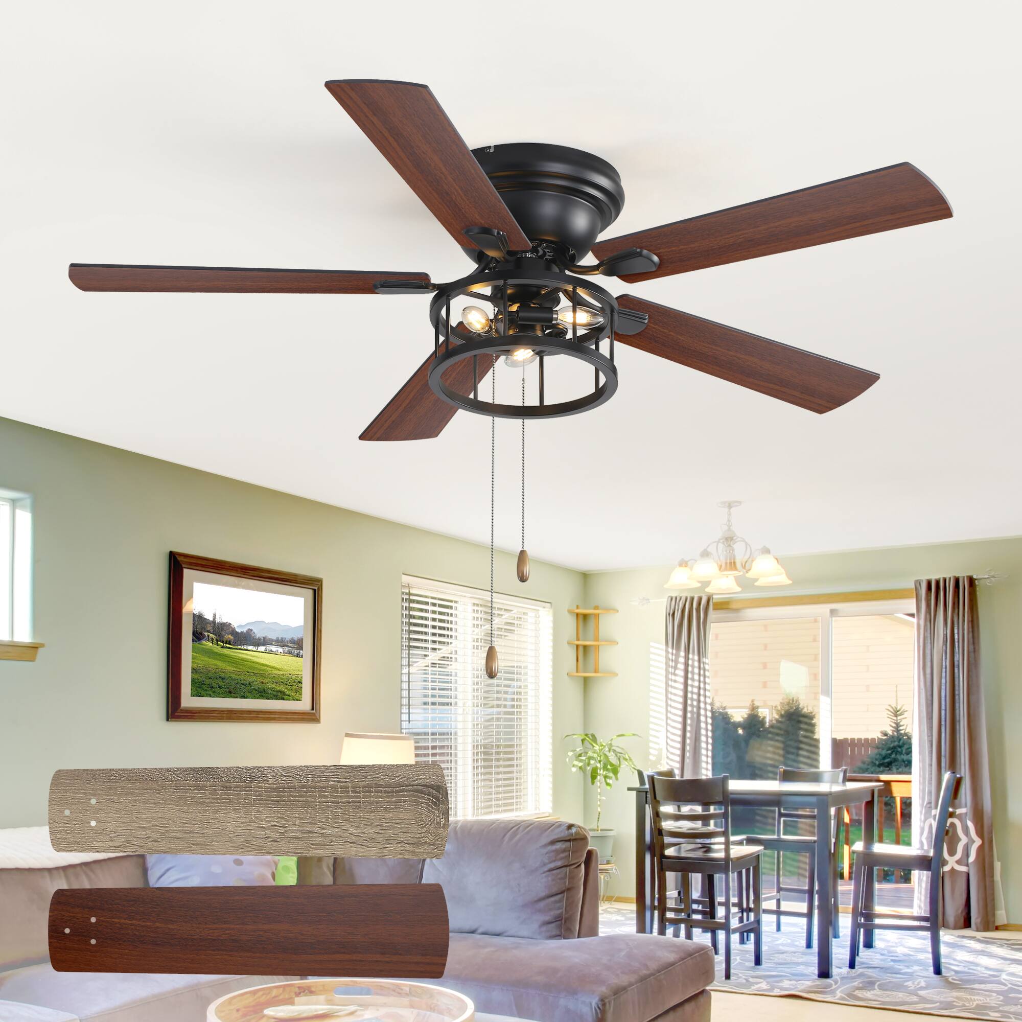 Alt View 6. Breezary - 52-In Indoor Flush Mount Ceiling Fan with Light Kit, 5 Dual-Tone Plywood Blades, Reversible Motor, Remote/Chain Control - Dual Wood Grain + Pull Chain Control.