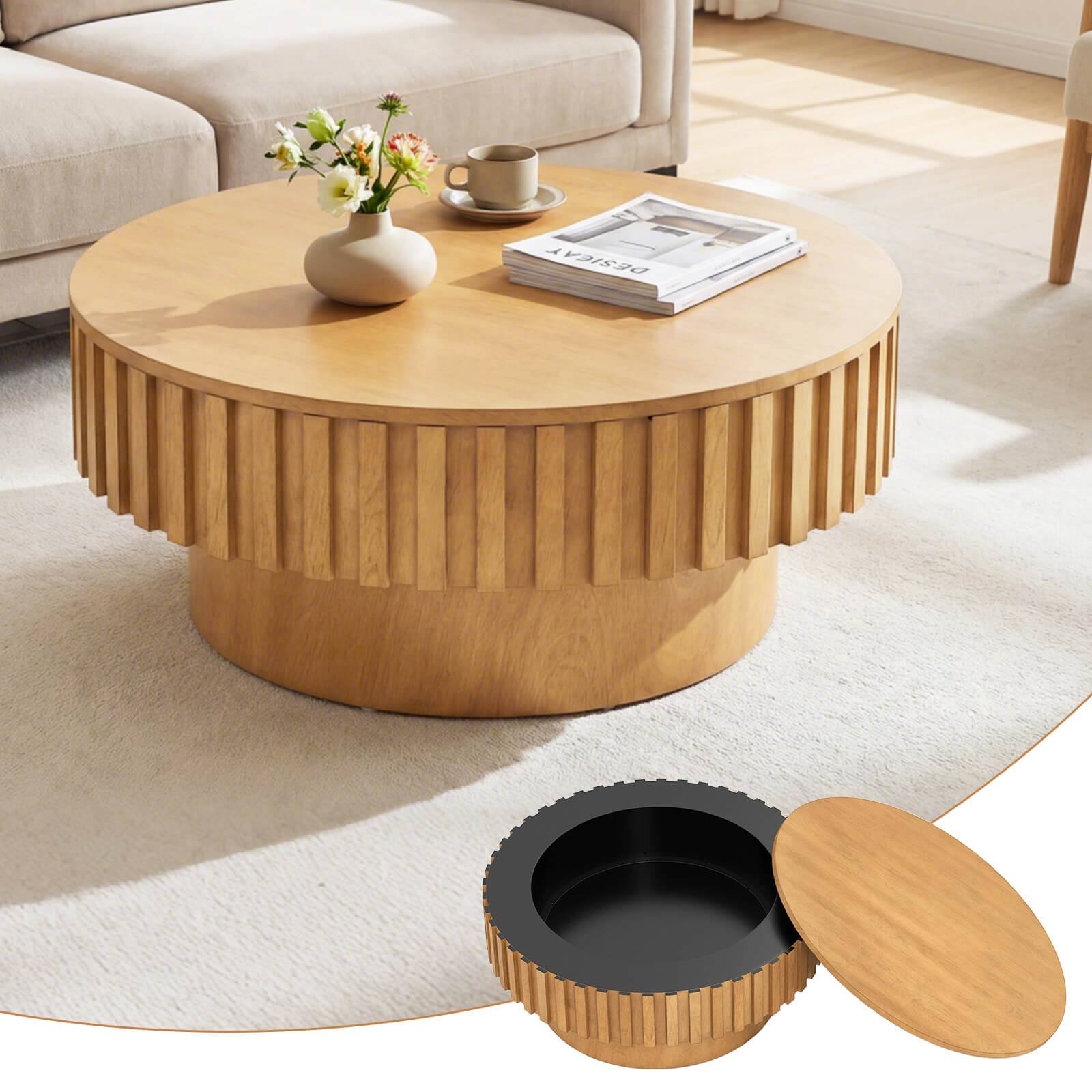 Alt View 5. Costway - Costway Round Coffee Table with Storage, Wooden Drum Coffee Table with Hidden Compartment - Natural.