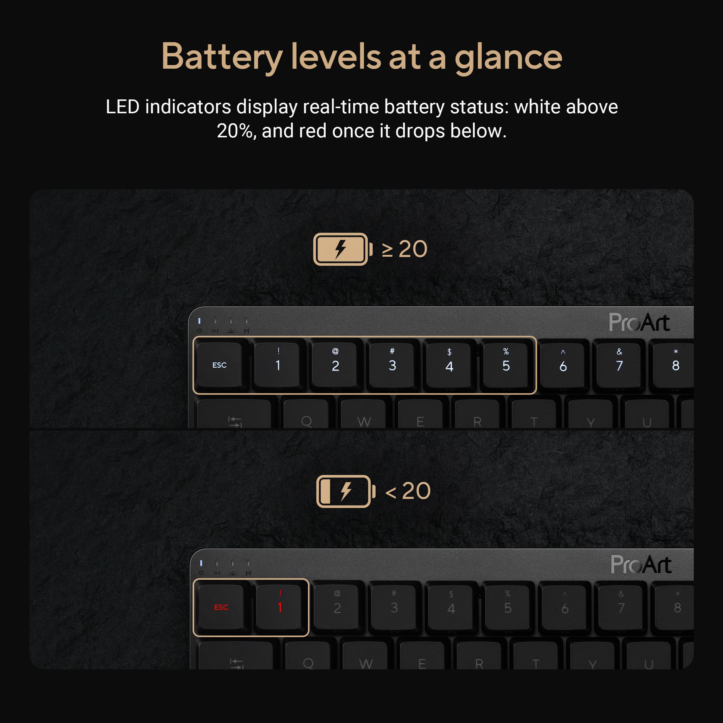 Battery levels at a glance

LED indicators display real-time battery status: white above 20%, and red once it drops below.