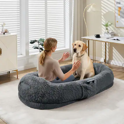 Front. Jojoka - Human Dog Bed for Adult and Pets, No Assembly Required, Washable Fluffy Faux Fur, Napping Orthopedic - dark gray.