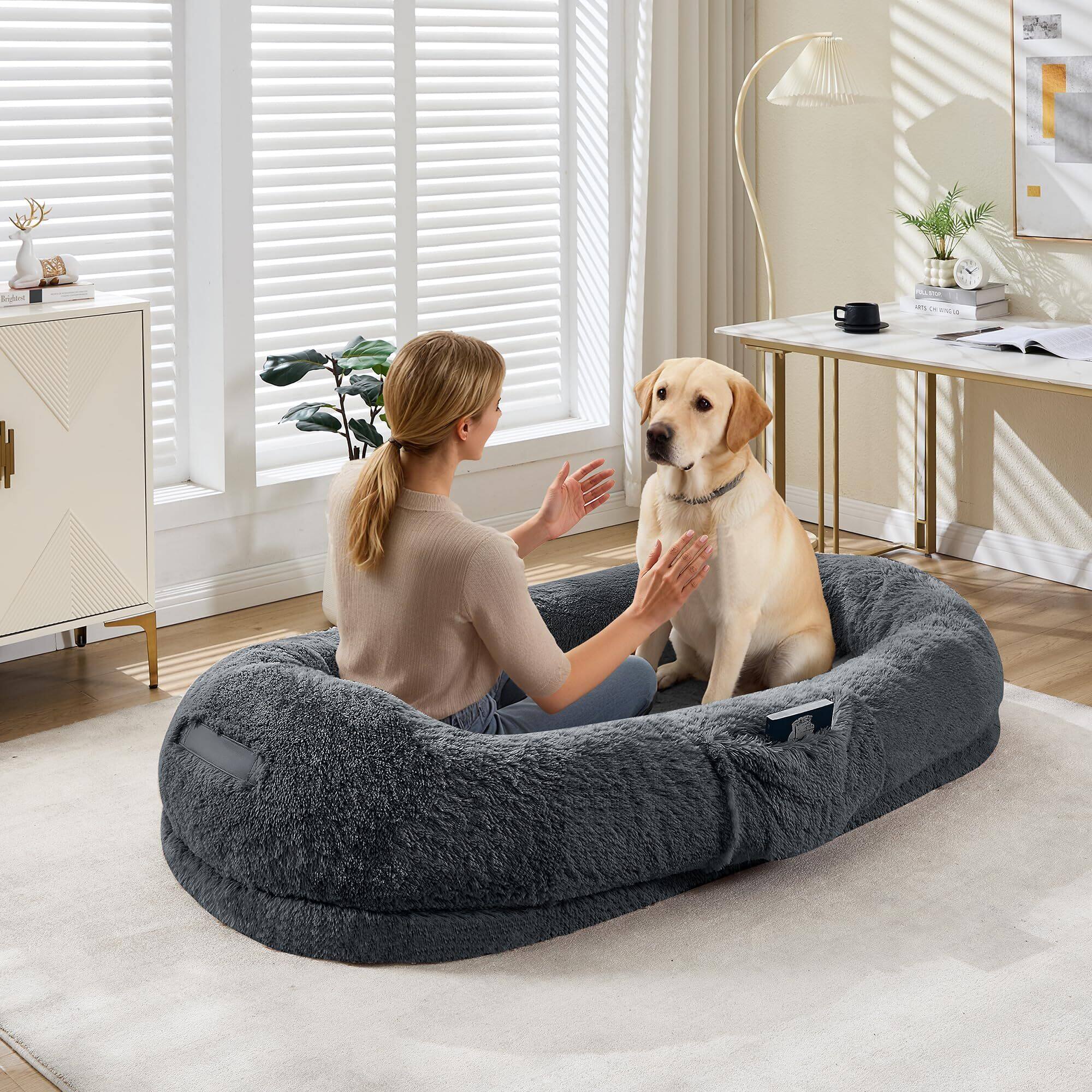 Front. Jojoka - Human Dog Bed for Adult and Pets, No Assembly Required, Washable Fluffy Faux Fur, Napping Orthopedic - dark gray.